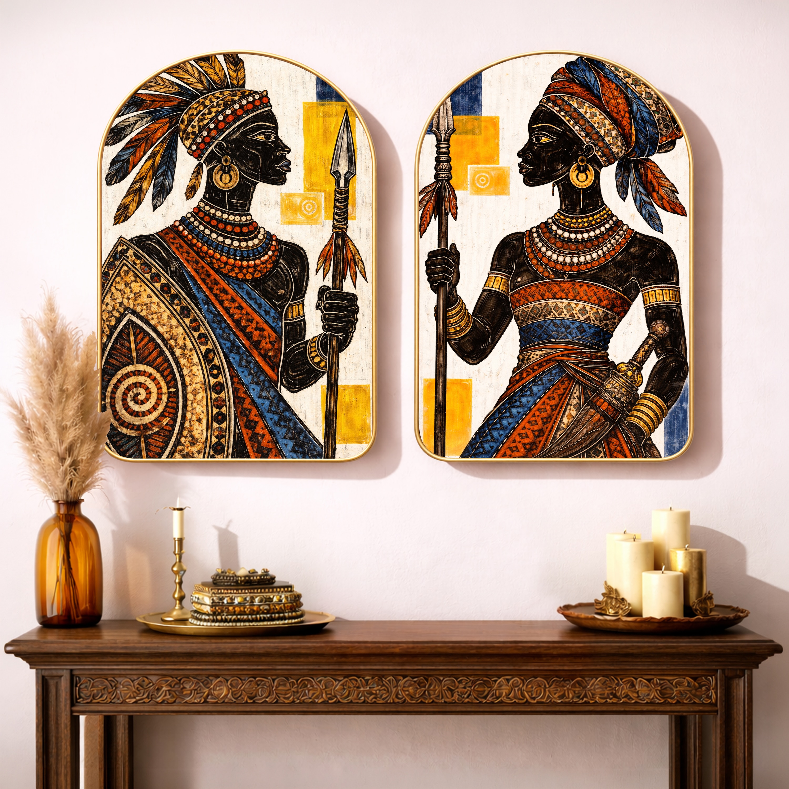 African Tribal Warrior Wall Art Painting Set of 2 with Gold Frame 16 x 24 Inch - Art Street