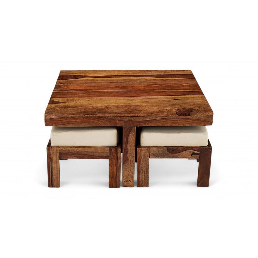 Blane Sheesham Wood Accent Coffee Table Set With 4 Stools In Natural Teak Finish