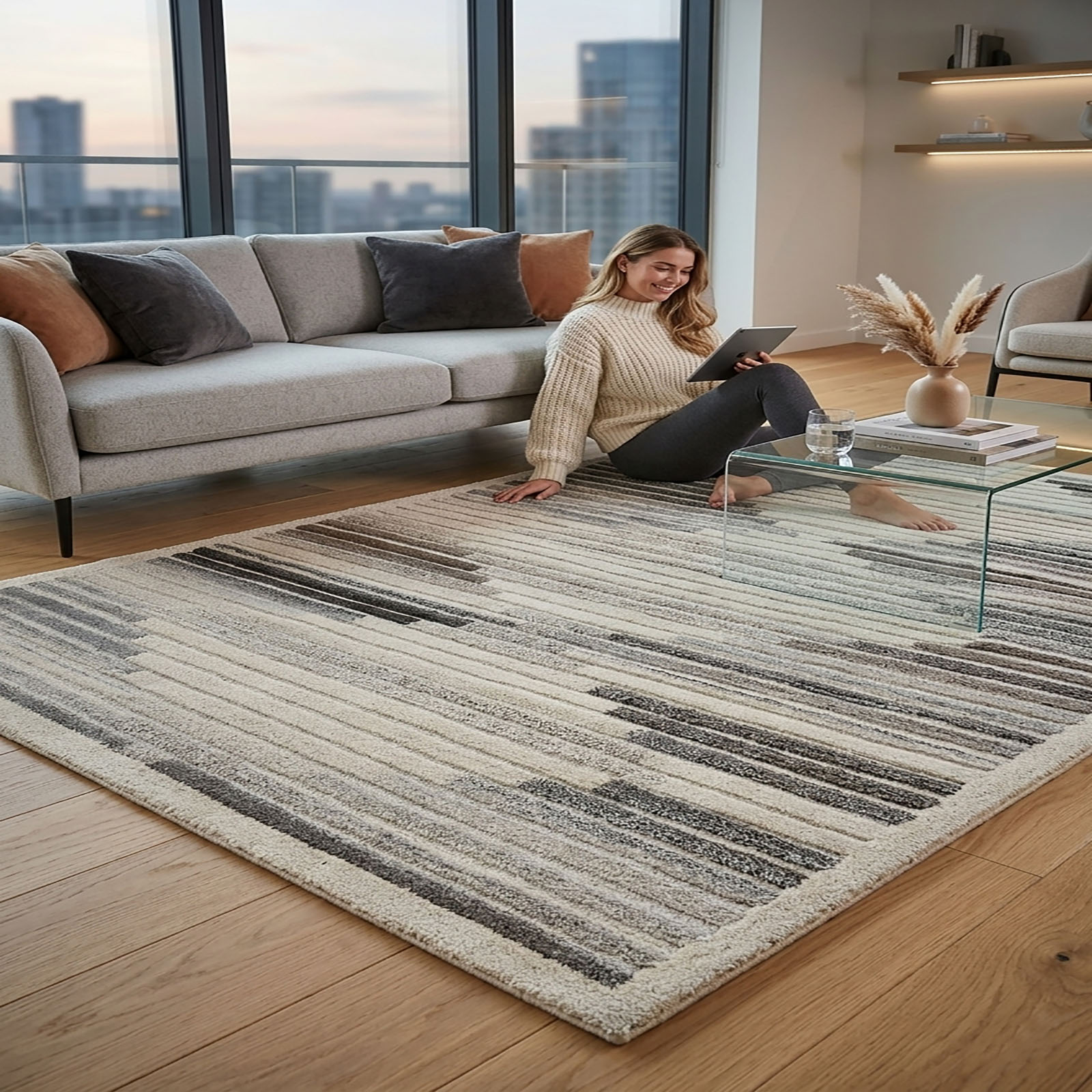 Modern Geometric Abstract Area Rug Grey Cream 63 x 91 - The Woven Legacy