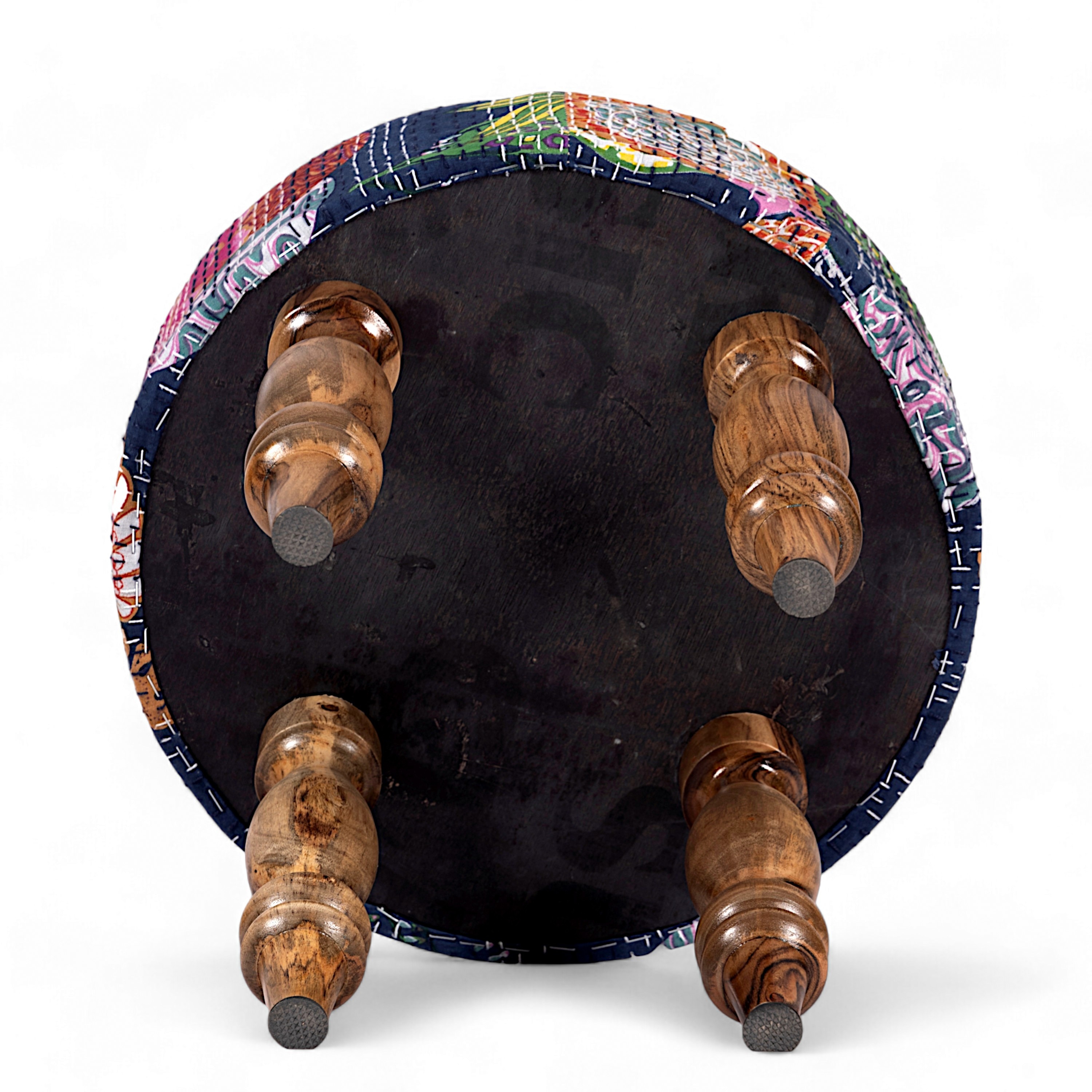 Bestone Sheesham Wood Mid Century 2+1+1 Seater Bench Set With 2 Stools In Fruit Print Blue Kantha