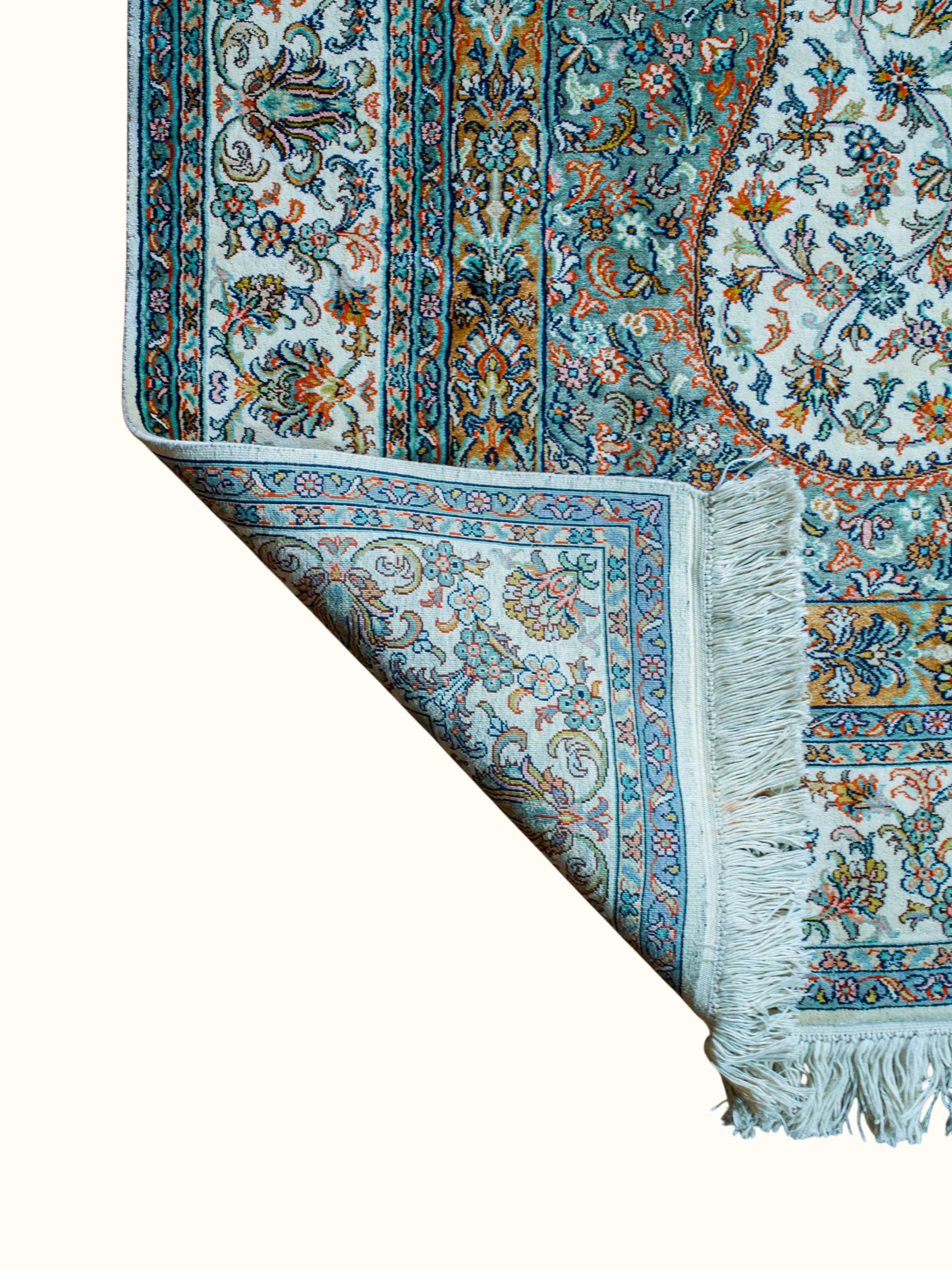 Traditional Persian Ivory Blue Kerman Kashmir Silk Hand-Knotted Carpet