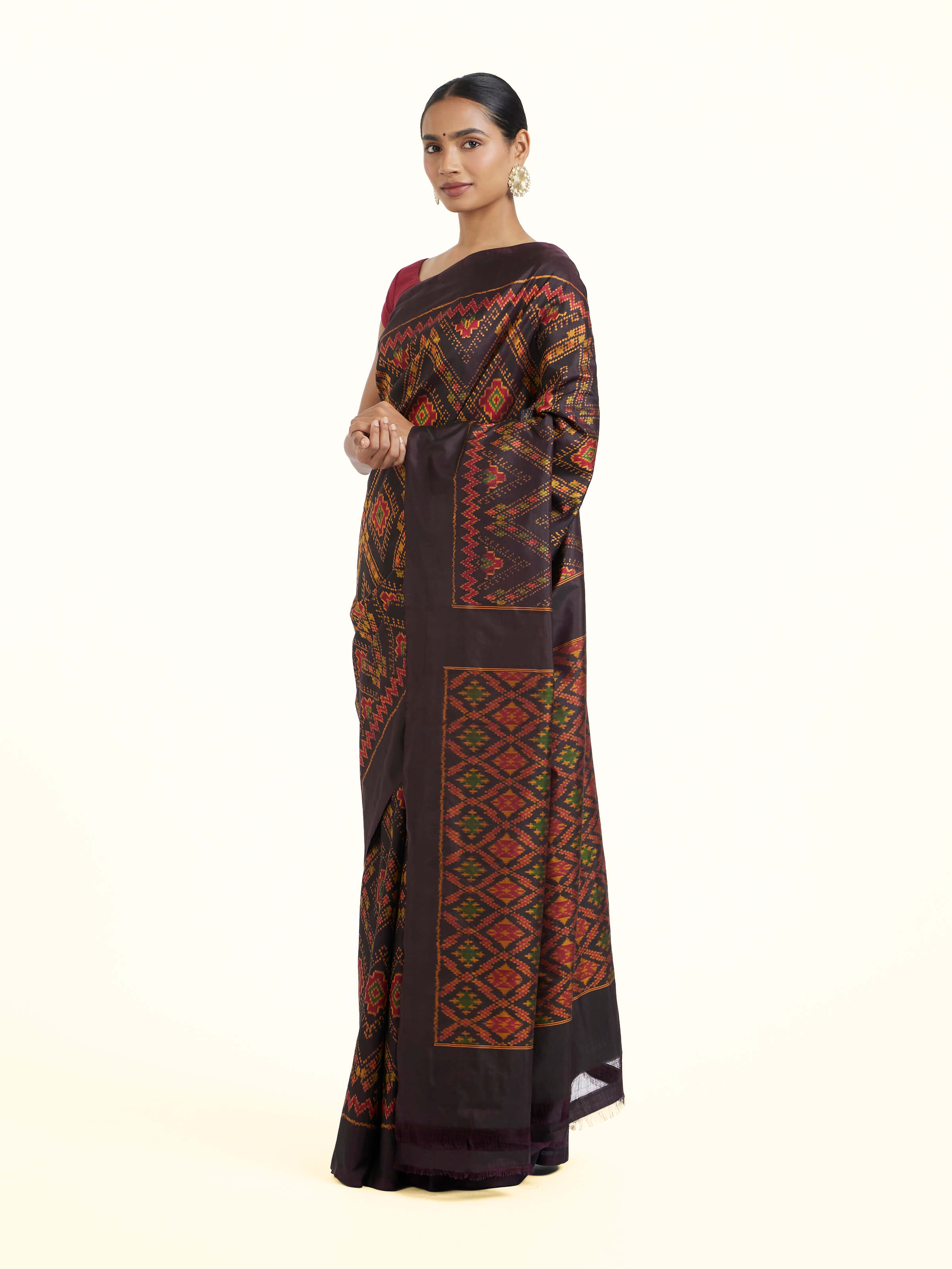 Brown Pochampally Combodia Ikat Silk Saree