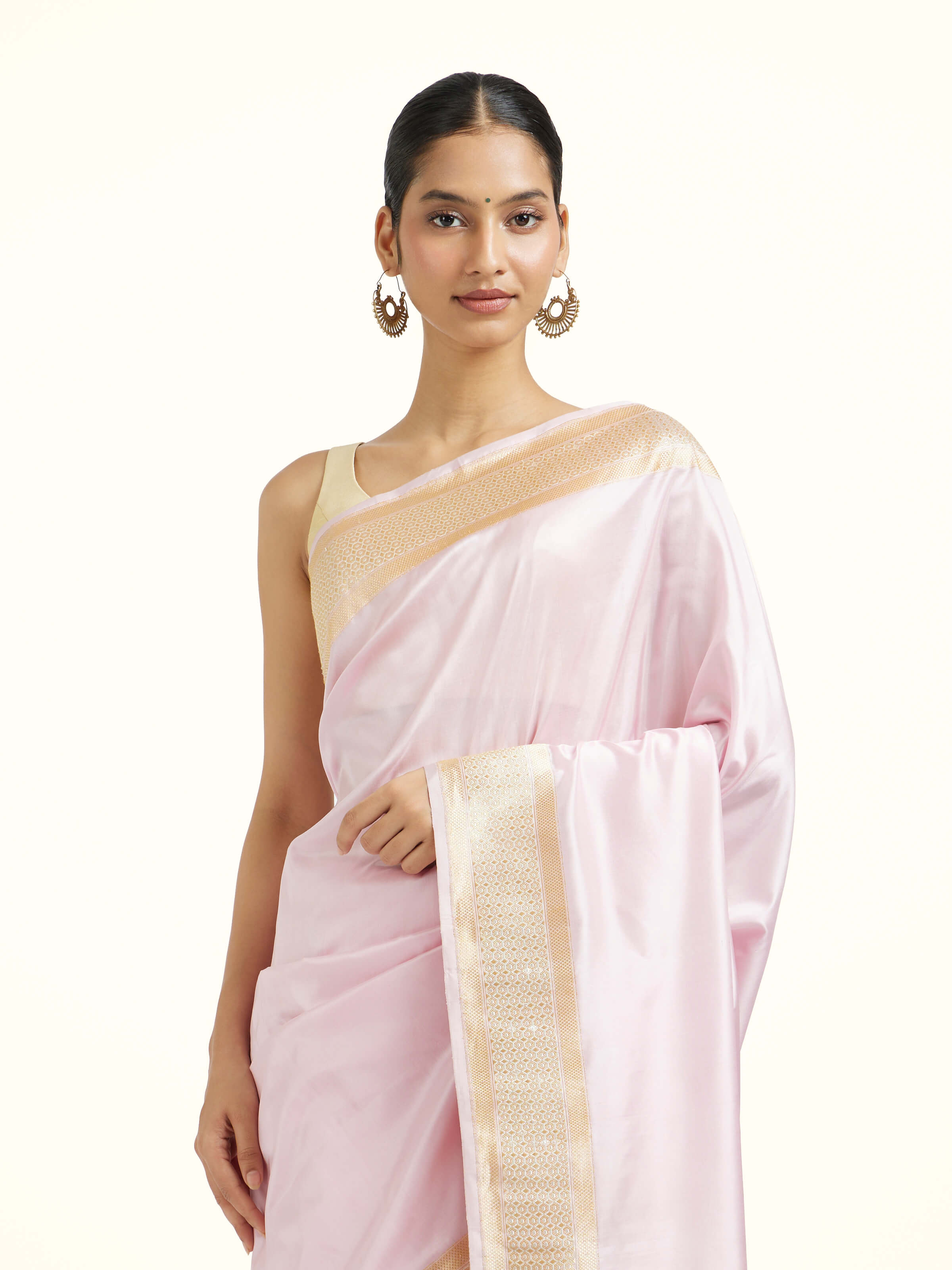 Cream Pink Mulberry Katan Silk Banarasi Saree