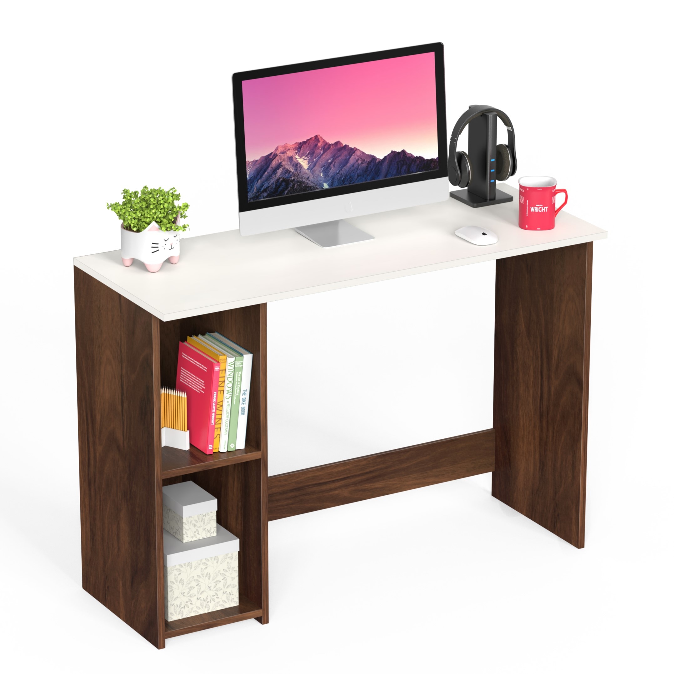 BLUEWUD Mallium Engineered Wood Study and Computer Laptop Table for Home or Office, WFH Desk with Storage Shelves for Adults Kids Students (Brown Maple & White)