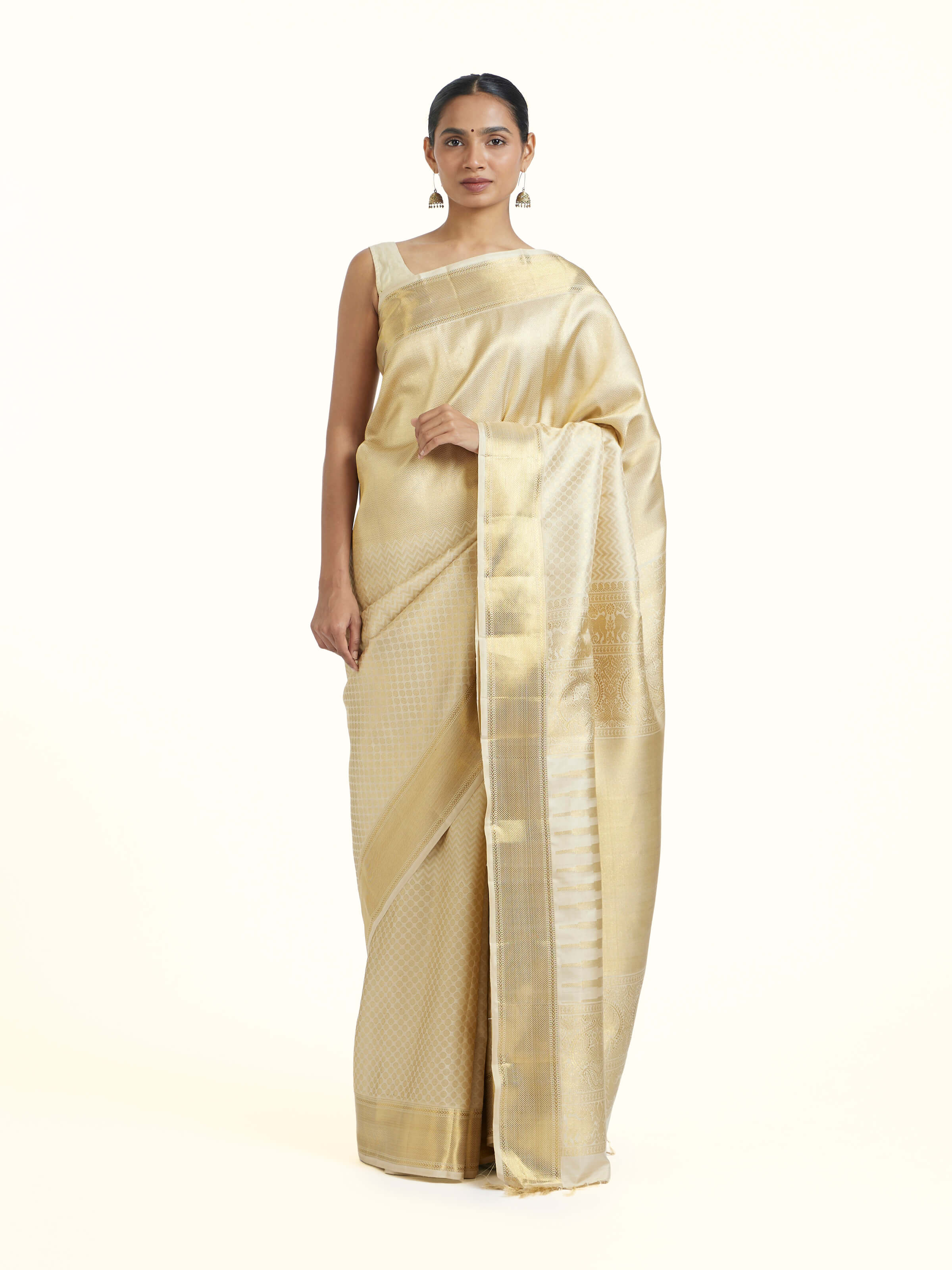 Beige Kancheepuram Silk Zari Saree