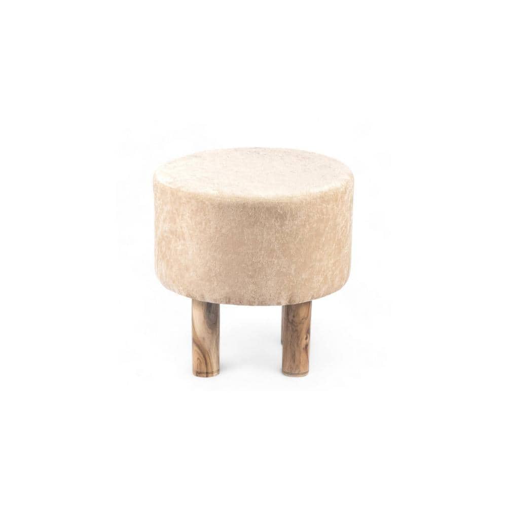 Morgan Solid Wood Pouf Stool in Ivory Sparkle Velvet Fabric