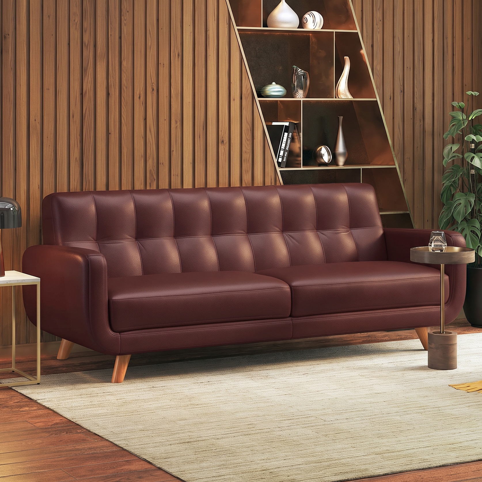 Waverly 3 Seater Leather Sofa in Deep Burgundy Colour - Urban Ladder
