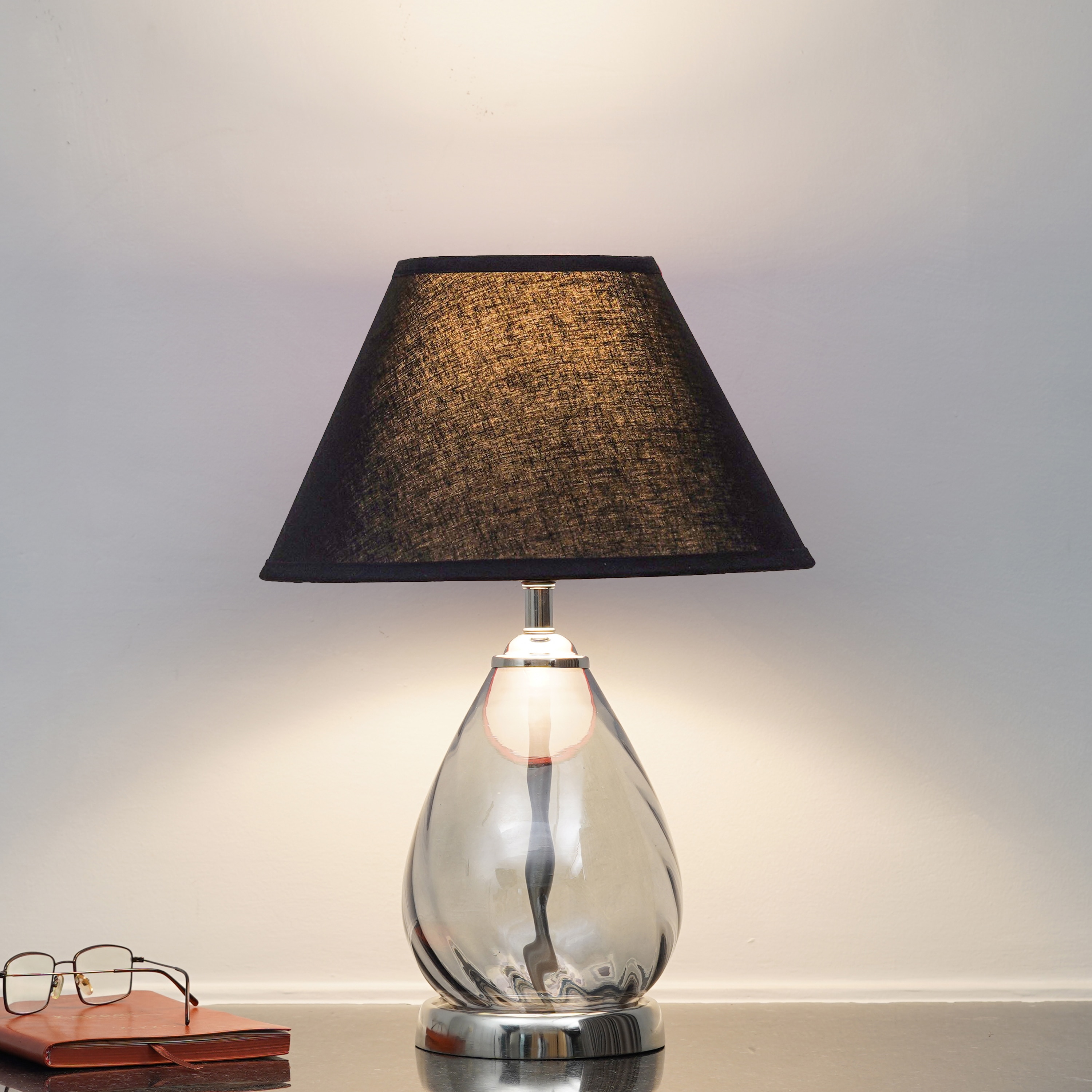 DECADE Blue Luster Glass and Metal Table Lamp With Black Cotton Shade