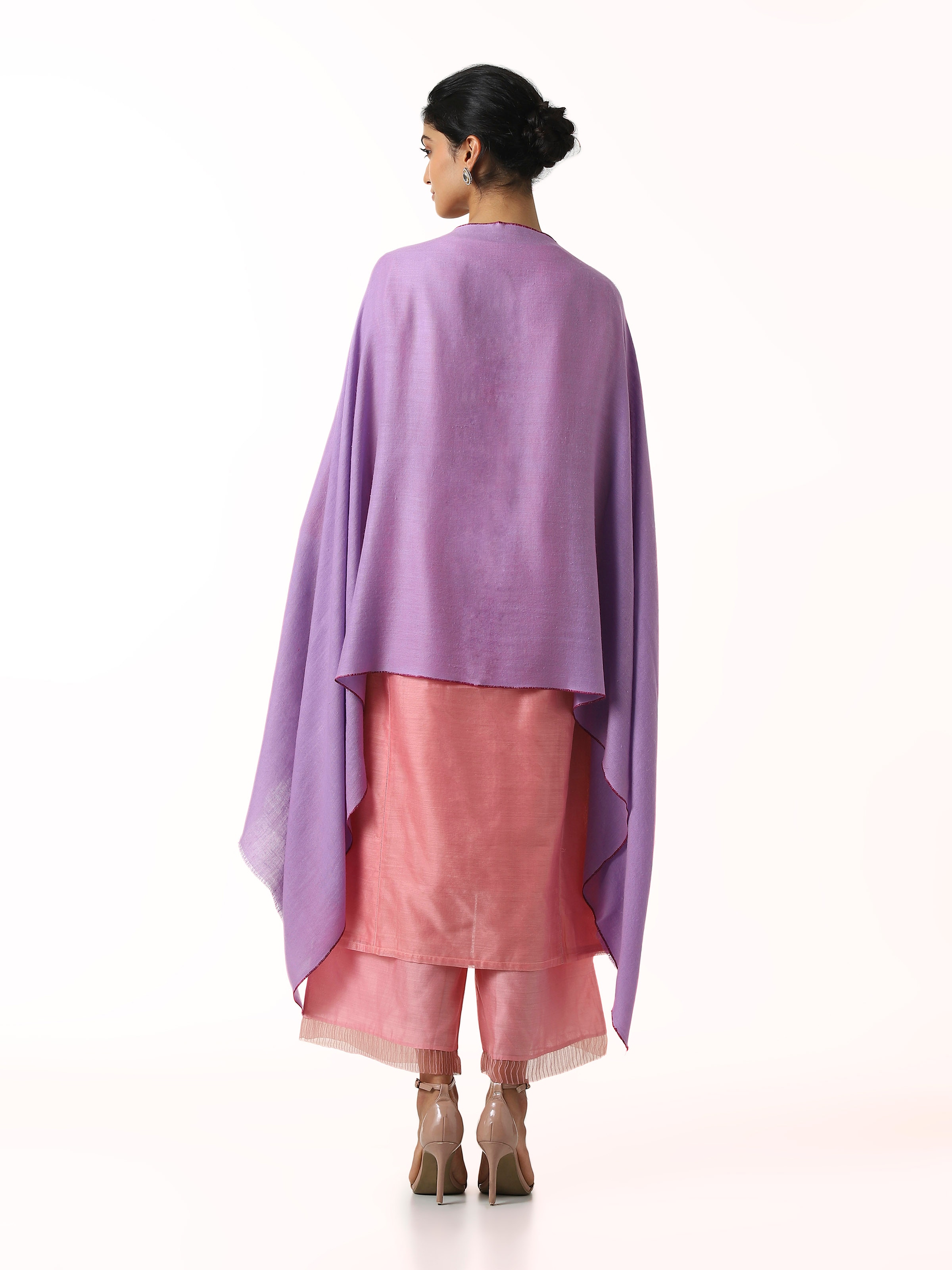 Back view of purple cashmere kaaj embroidered handwoven stole displaying overall design