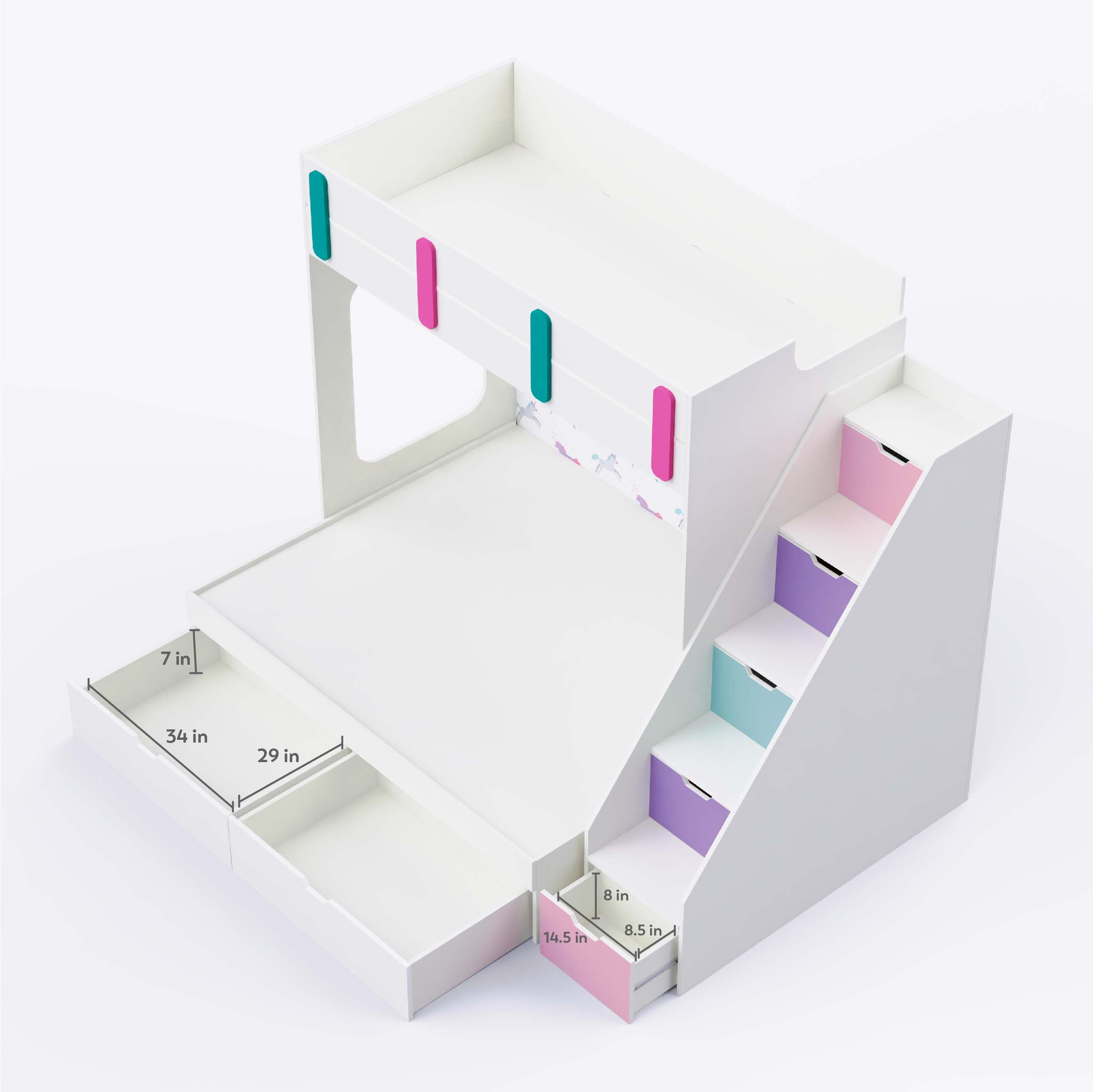 Pattern Dreams Bunk Bed  6X5 (Drawers On Wheels) In White Colour
