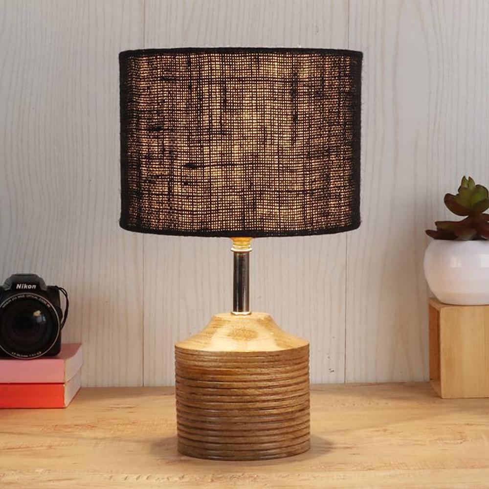 Gloria Black Natural Fiber Shade Table Lamp with Natural Wooden Base