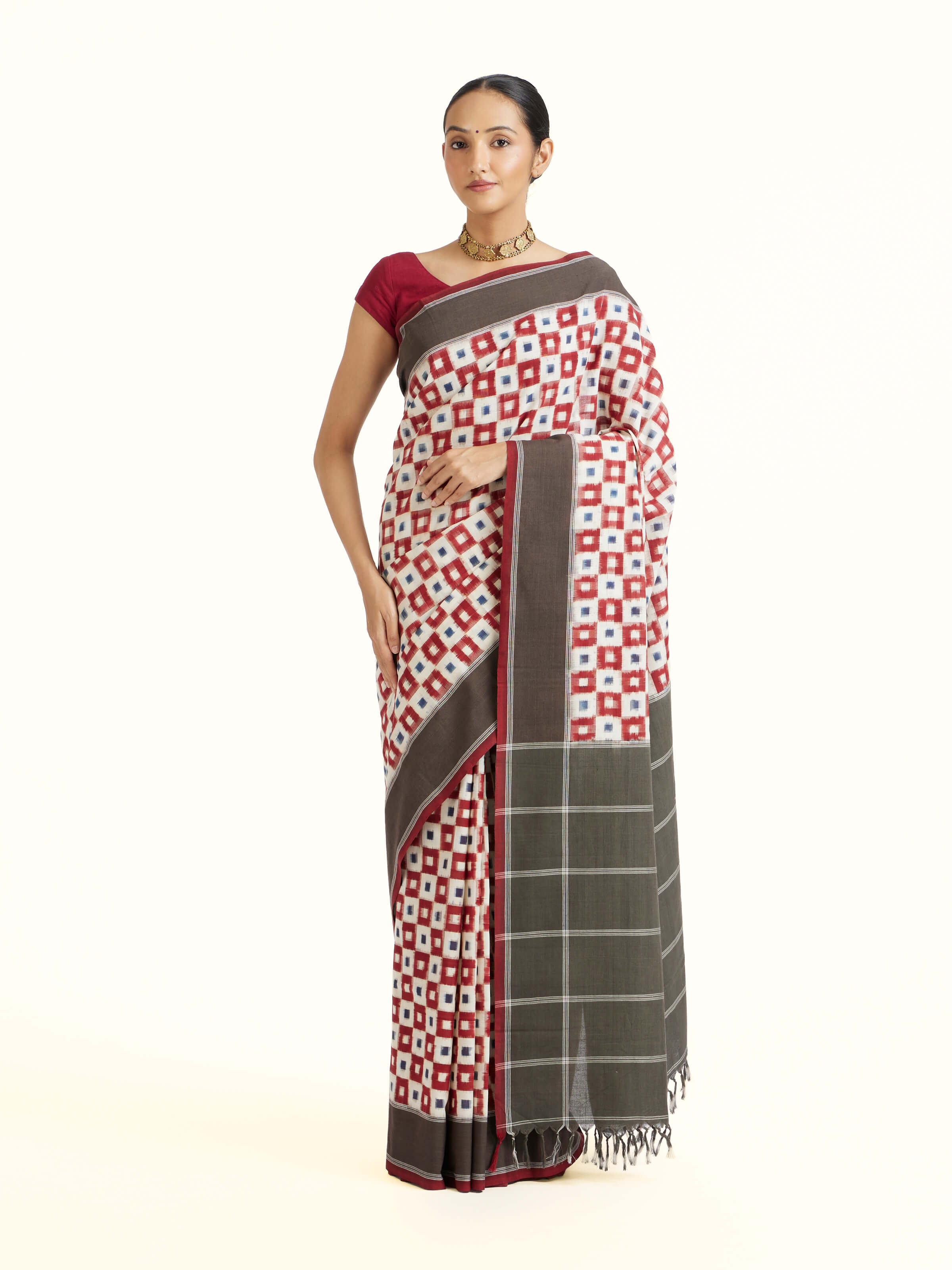 Front view of the Brown Pochampally Ikat Handloom Cotton Saree