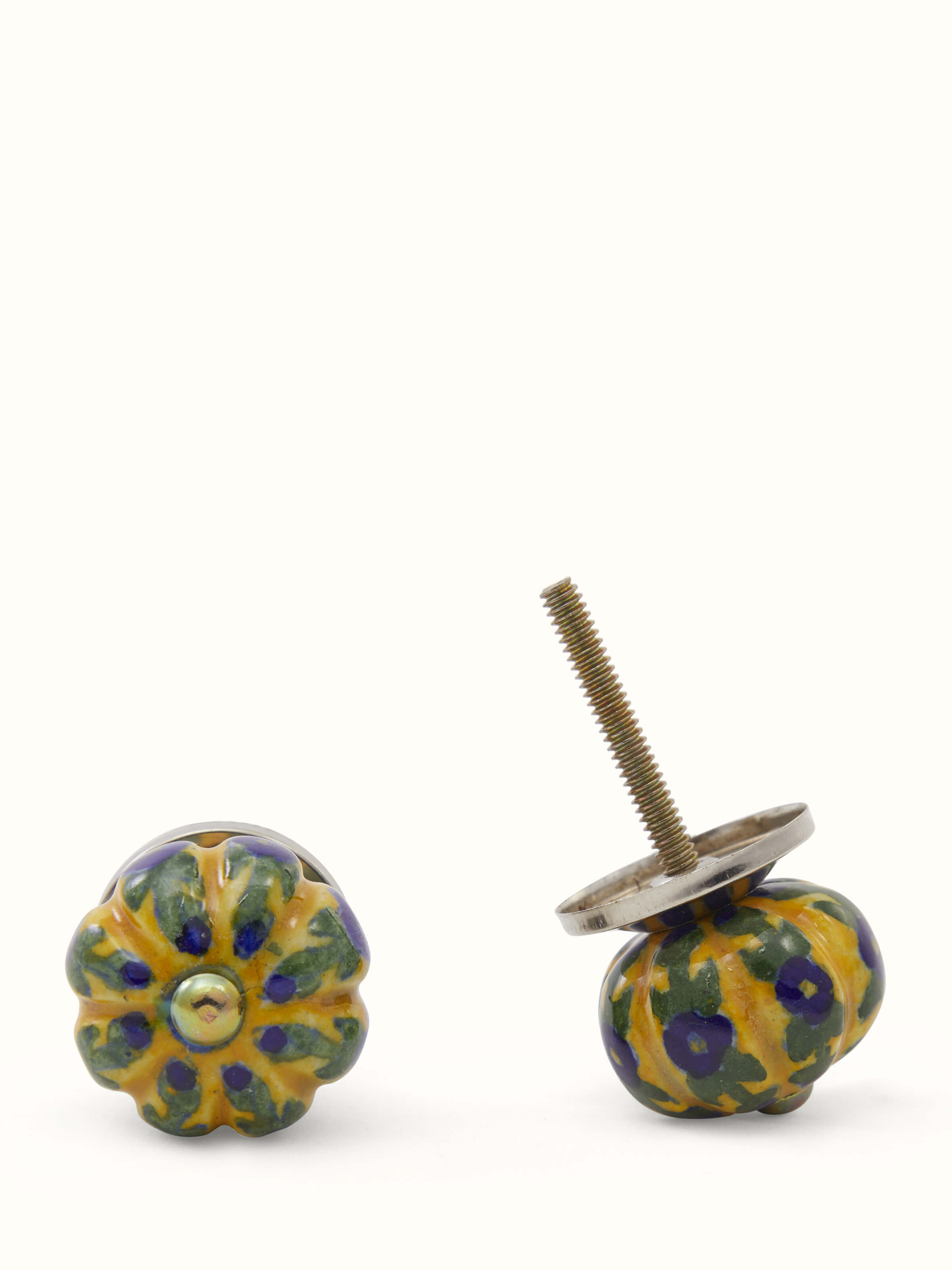 Decorative blue pottery round rib door knob – angled view