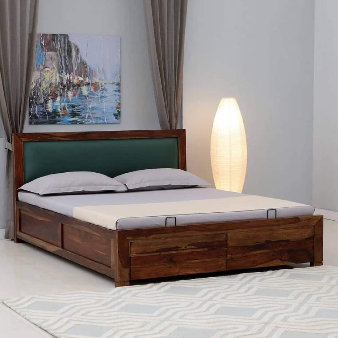 Melba Solid Sheesham Wood King Size Hydrolic Storage Upholstered Bed In Provincial Teak Finish - Demiwall
