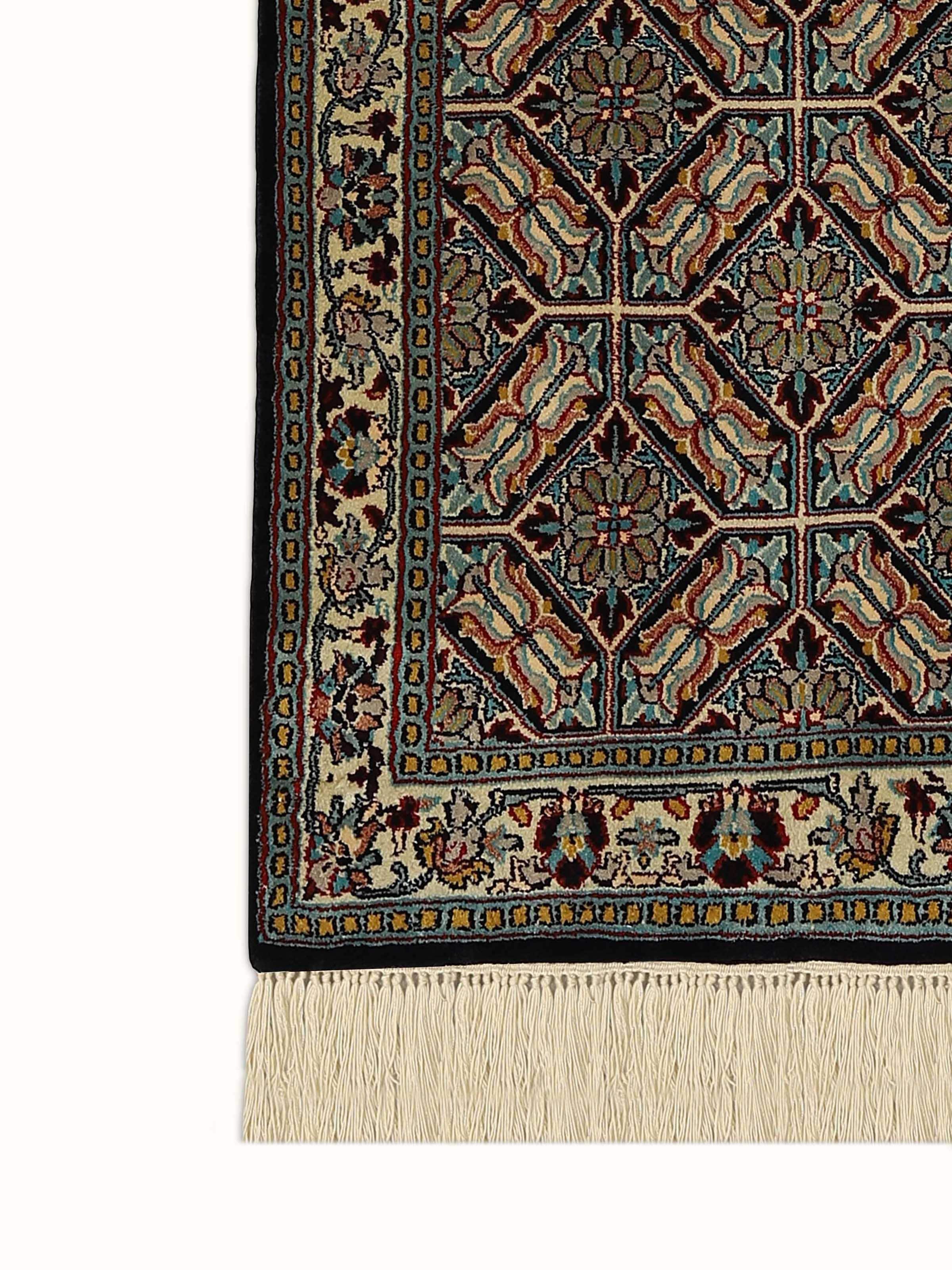 Traditional Persian Blue Khatamband Kashmir Silk Hand-knotted Rug