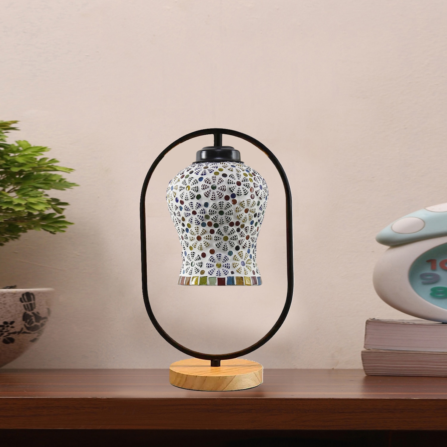 Devansh Multicolor Glass Wooden & Iron  Table Lamp -17 Inch Height  -Ag