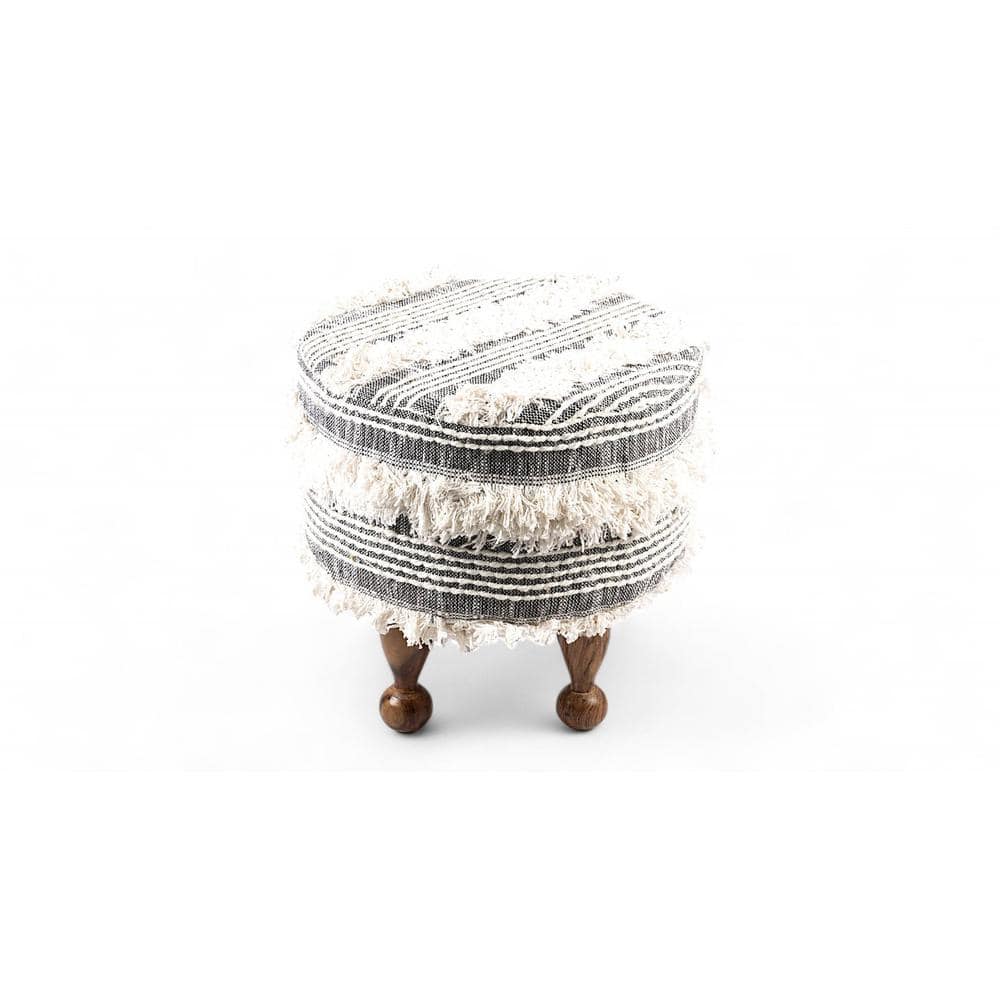 Louisville Acacia Wood Mid Century Round Pouf Stool in Grey Fabric