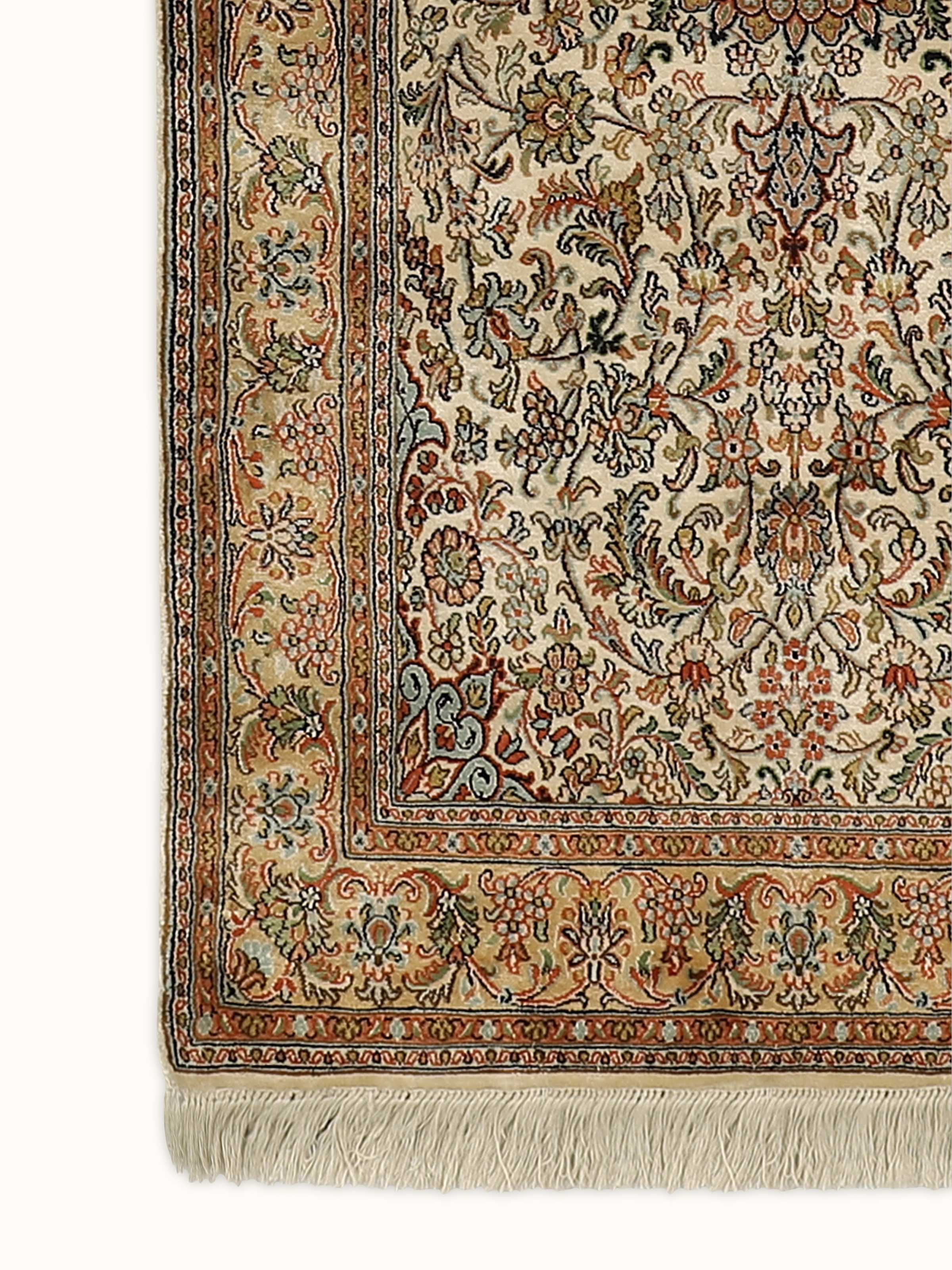 Traditional Persian Ivory Kashan Kashmir Silk Hand-knotted Runner