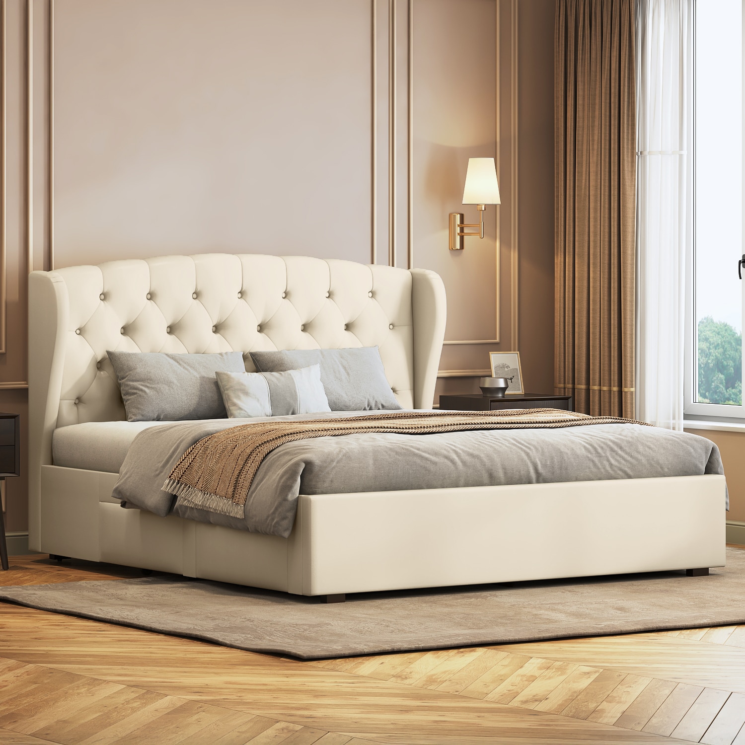 Holmebrook Engineered Wood King Size Bed With Drawer Storage (Ivory Colour)