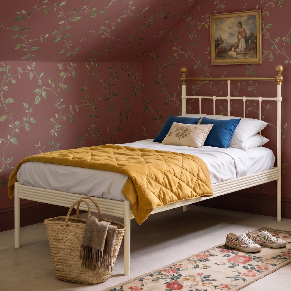Iver Metal Non Storage Single Bed in Glossy Ivory Finish - Original Bed Co.