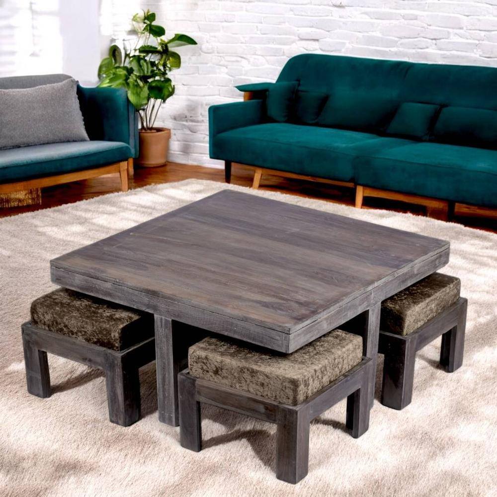 Blane Sheesham Wood 4 Seater Coffee Table Set In Antique Grey Finish Green Sparkle Velvet Cushion