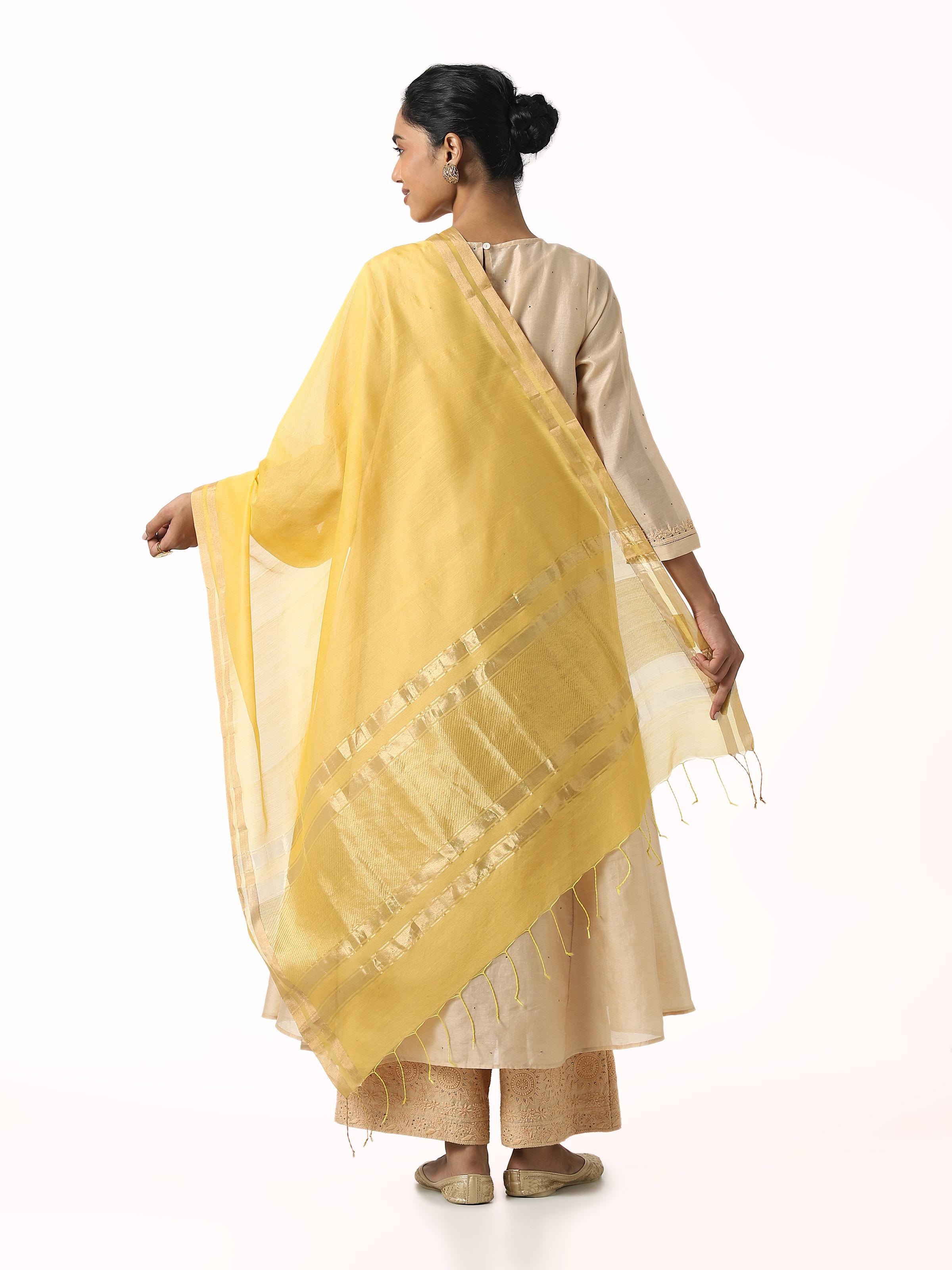 Back view of yellow cotton silk Chanderi dupatta with zari border