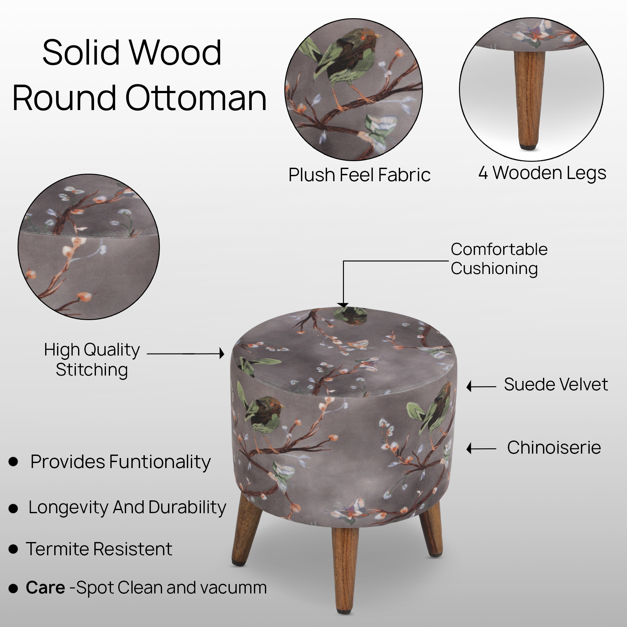 Lyra Solid Wood  Ottomon in  Grey Colour