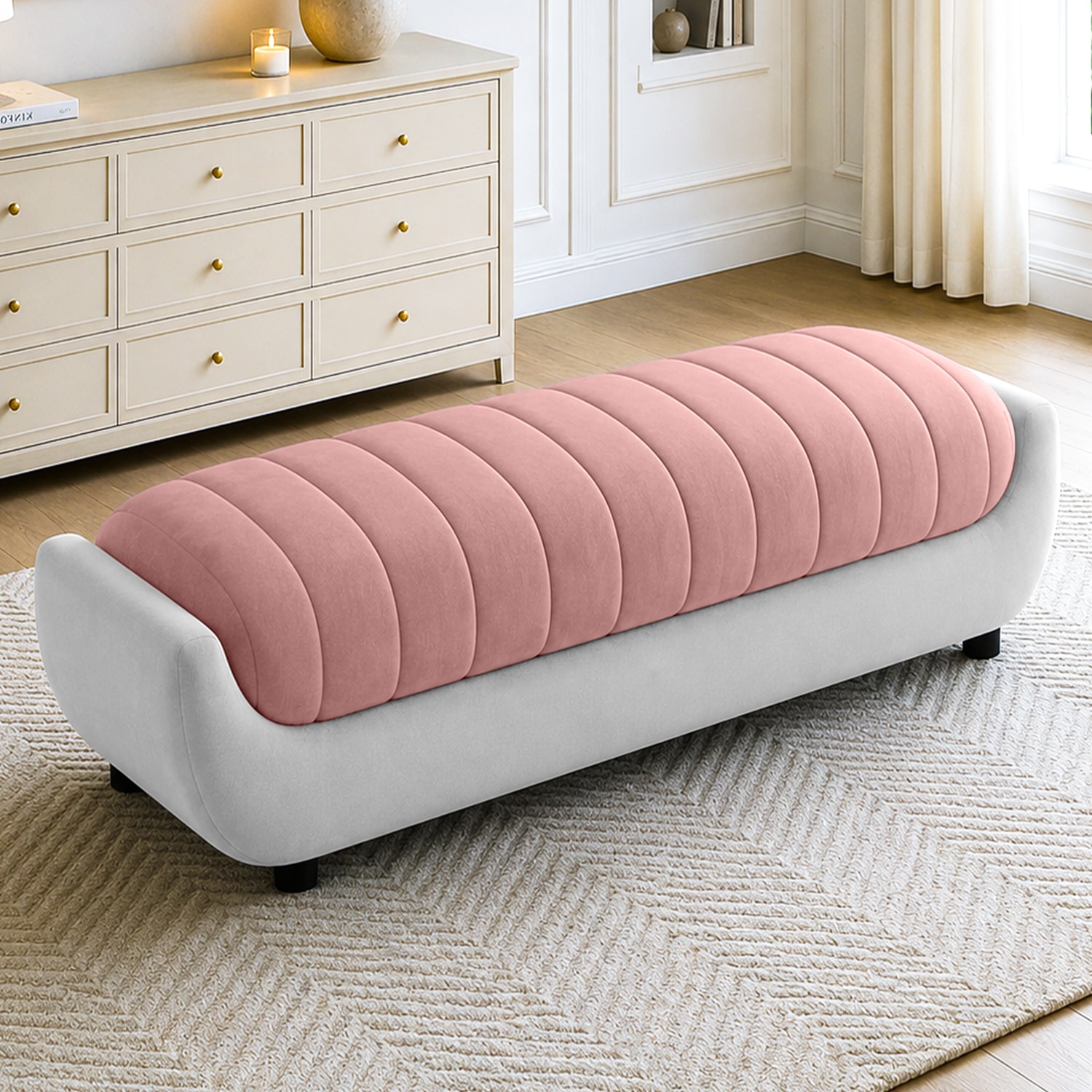 Marko Velvet 2 Seater 4 Feet Ottoman Bench in Peach & Grey Color - Home Lifestylez