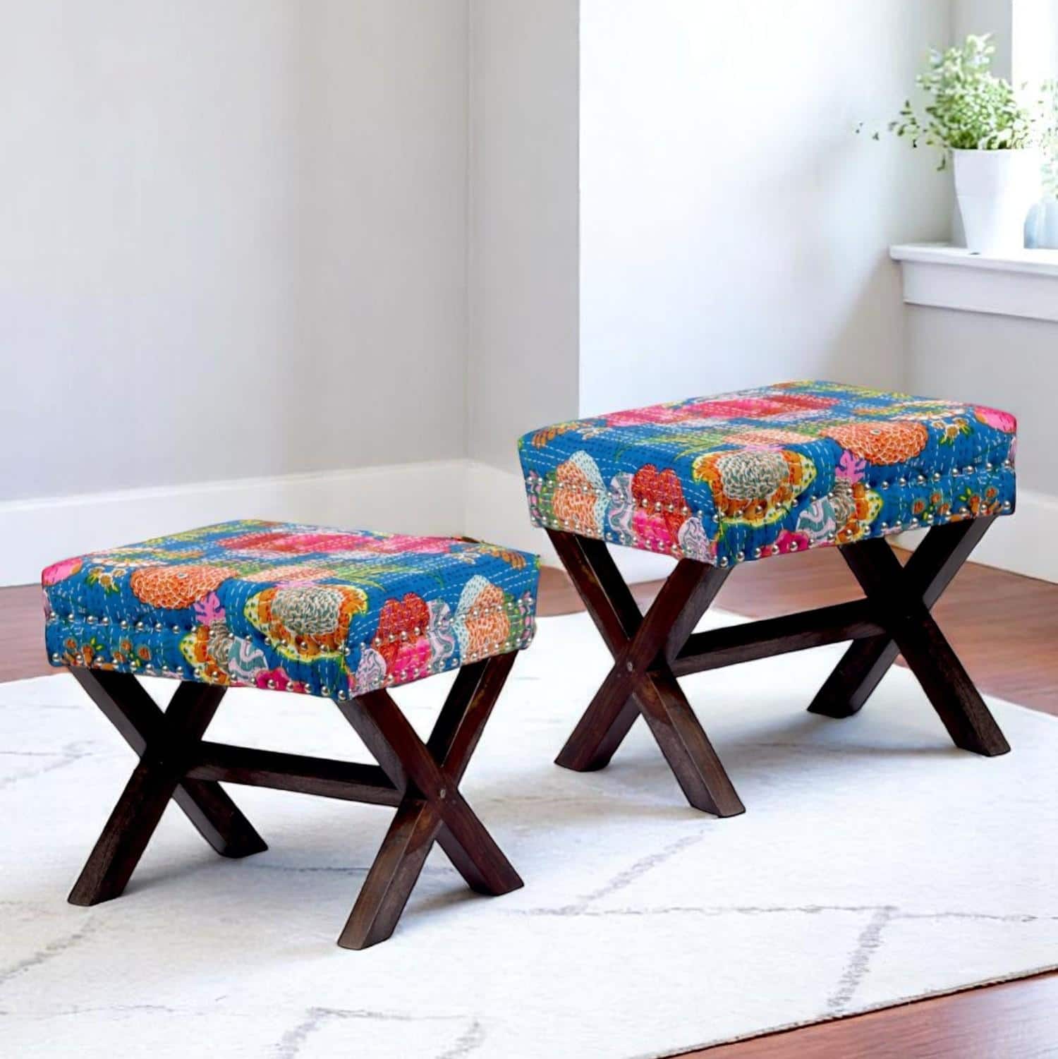 Rosslyn Solid Wood Pouf Stool in Fruit Print Blue Ethnic Kantha fabric