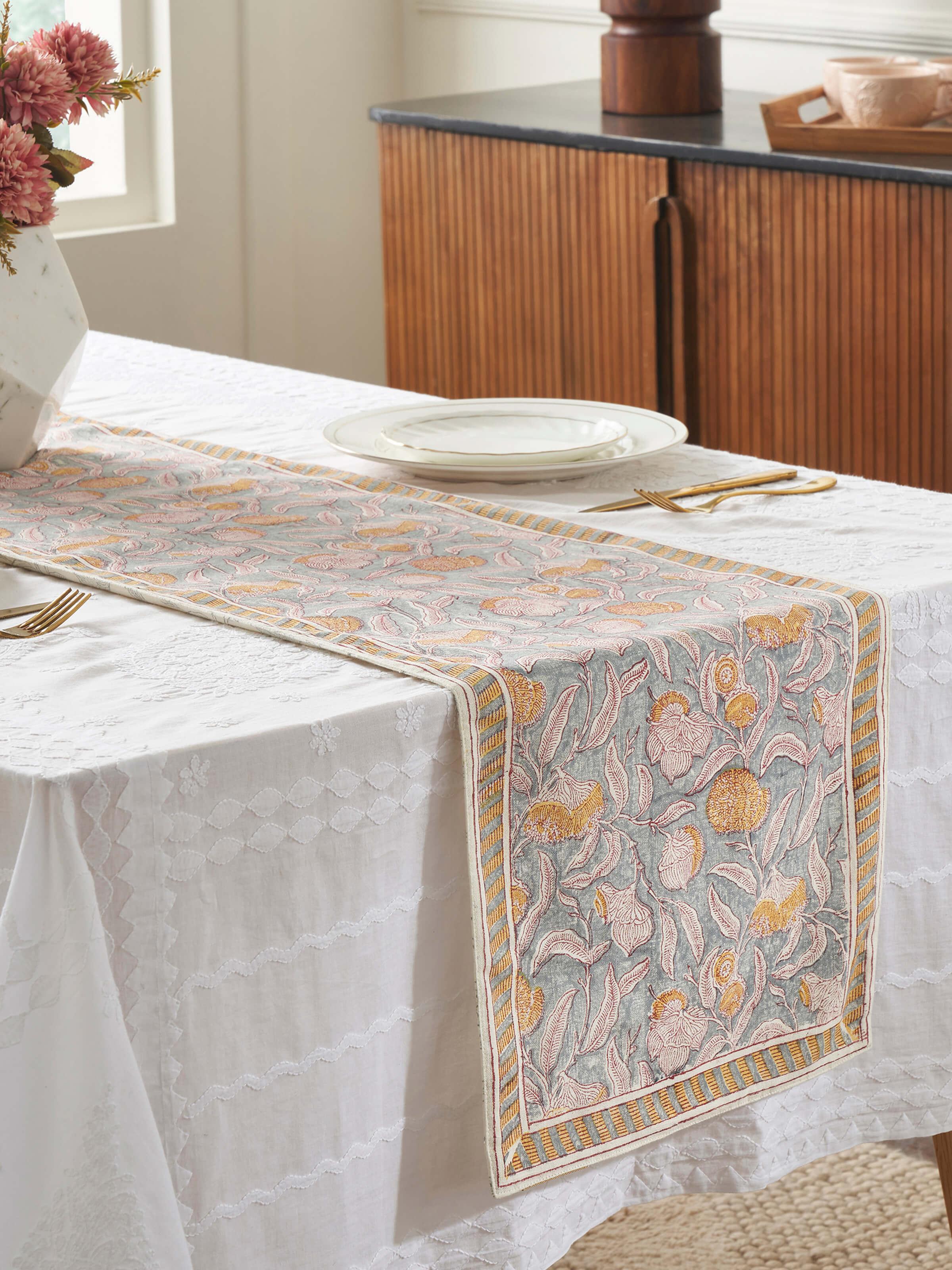 Samaha Grey Floral Cotton Sanganeri Hand Block Printed Table Runner (6 Seater)