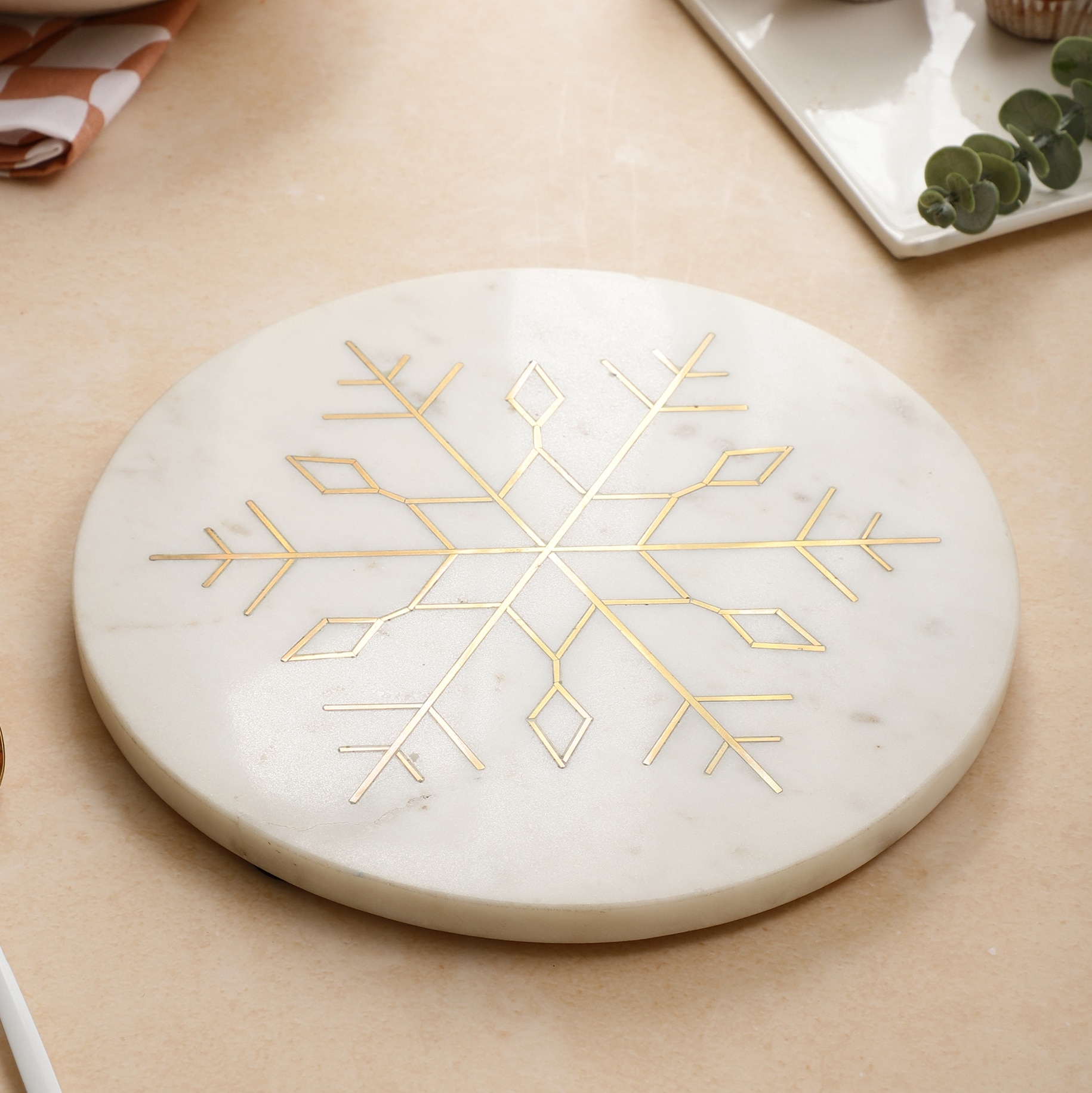 NikkisPride Elegant Marble Serving & Décor Platter  Snowflake Brass  inlay