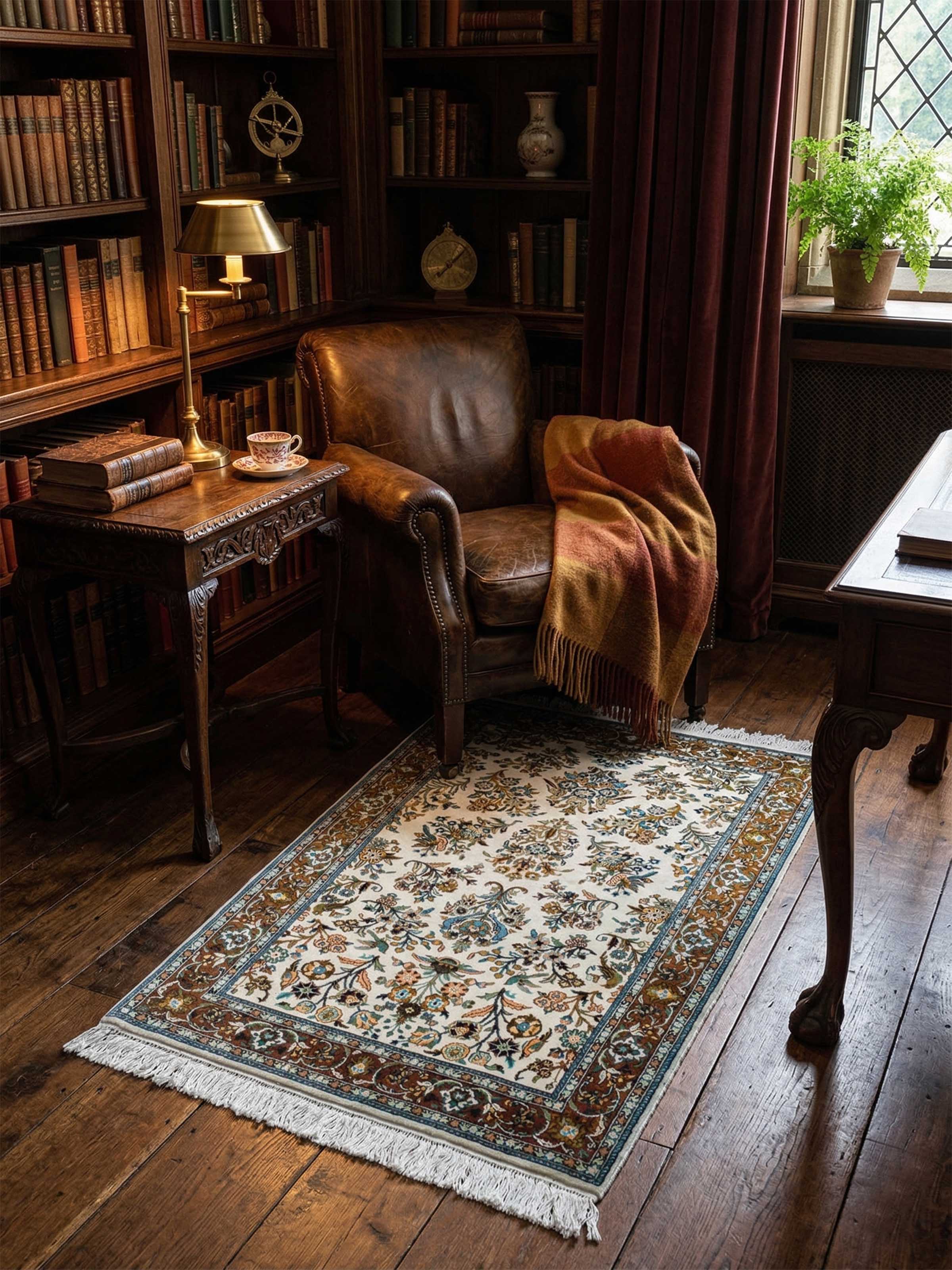 Traditional Persian Ivory Mahal Kashmir Silk Hand-Knotted Carpet