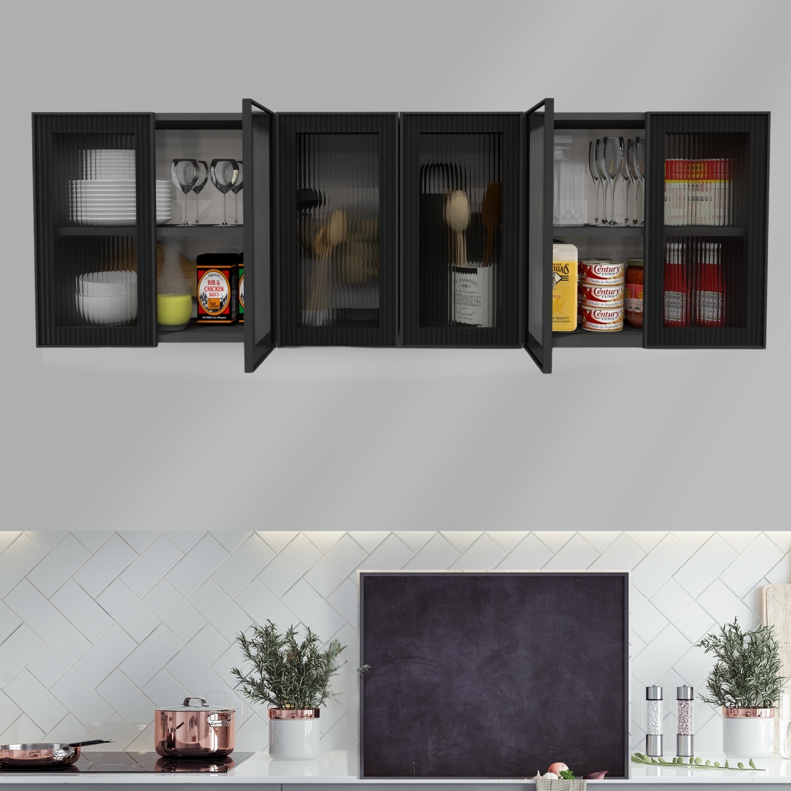 Aluminium Black Profile 6 Fluted Glass Handless Shutters Wall Cabinet In Slate Grey Finish