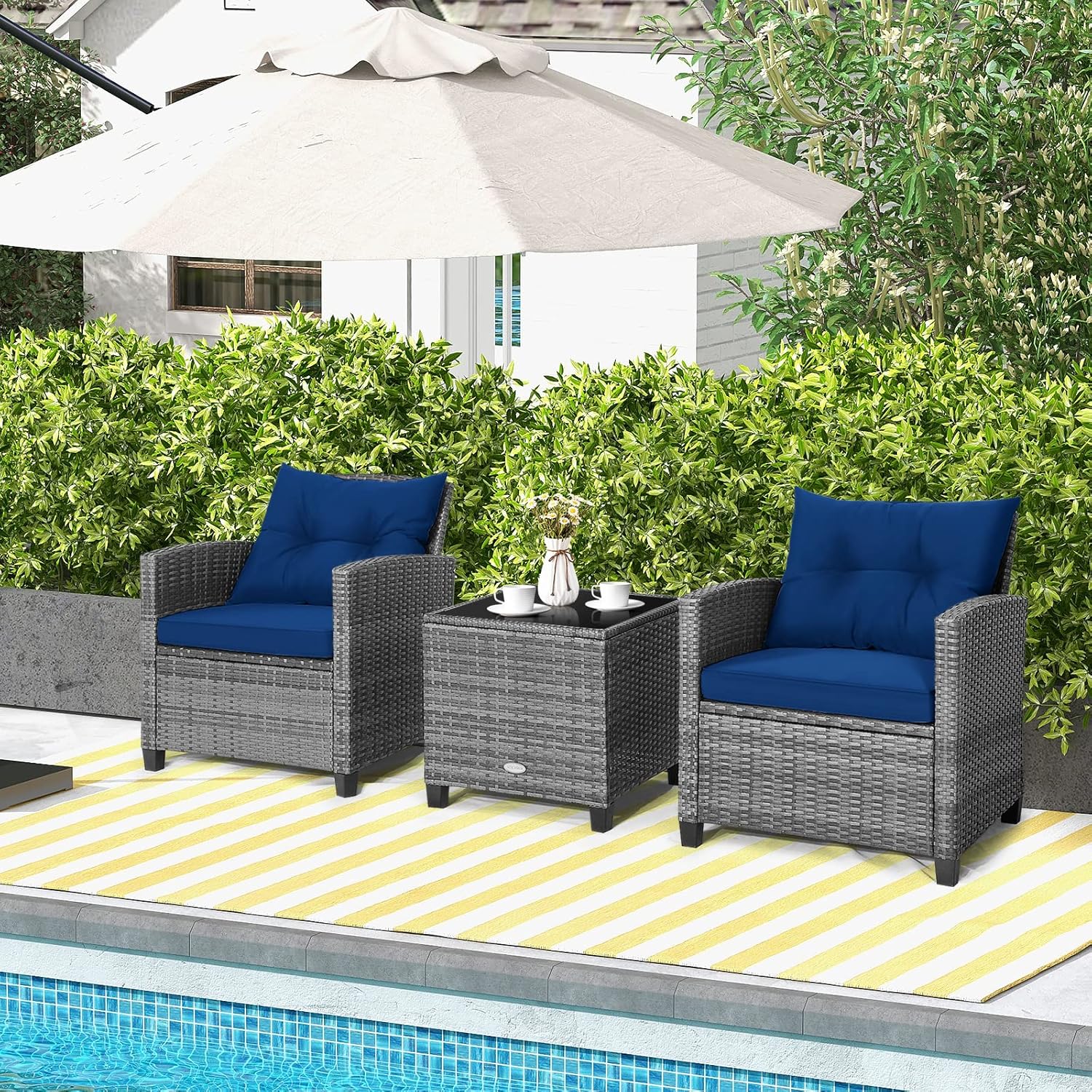 Carry Bird Wicker Patio Furniture Outdoor Balcony Chairs In Grey And Navy Blue Colour - Carrybird