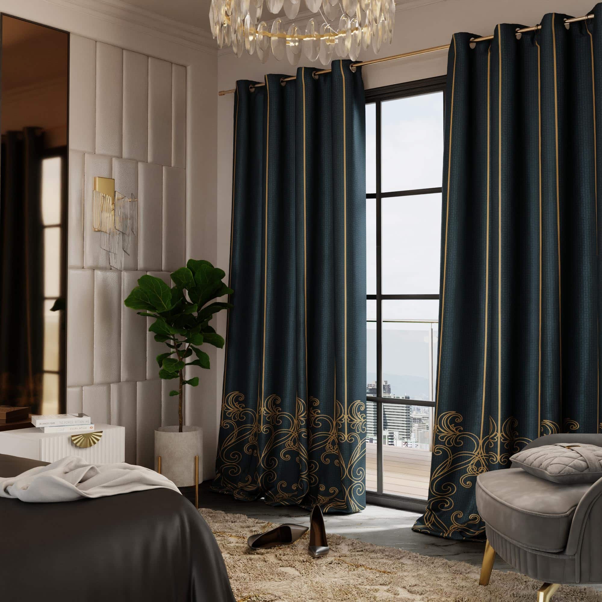 Stoa Paris Satin Long Door Curtains, 300 TC Dimout Home Furnishing Curtains, Aesthetic Parda,, Decoration, Pack of 1, Versailles - Emerald Royale - Stoa Paris