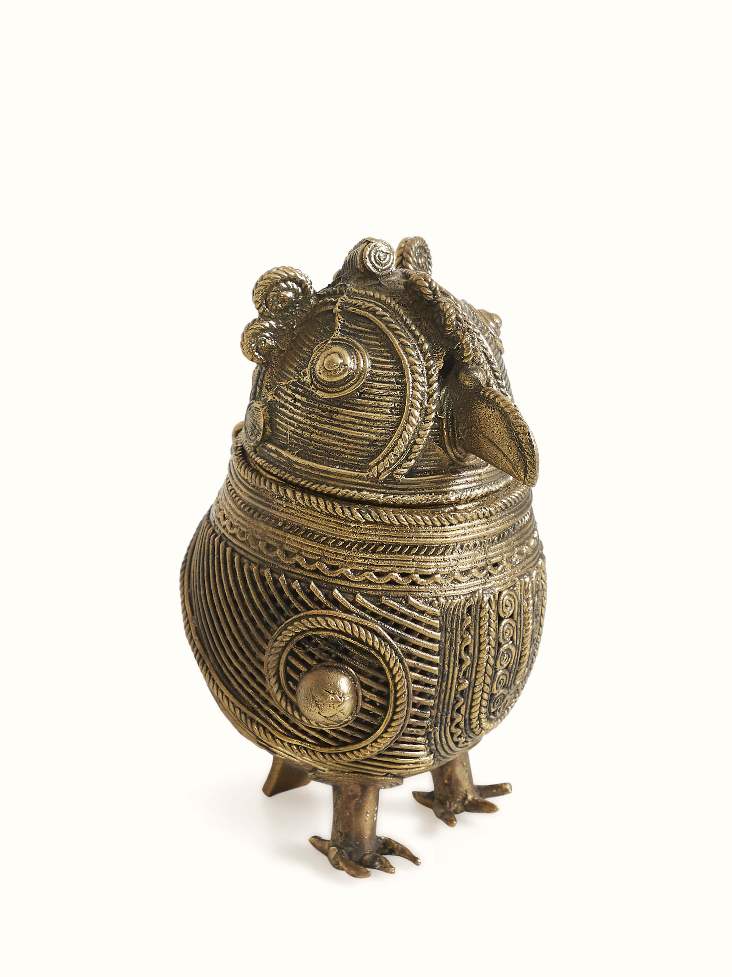 Traditional Indian Dhokra brass owl-shaped storage box in antique finish – angled view