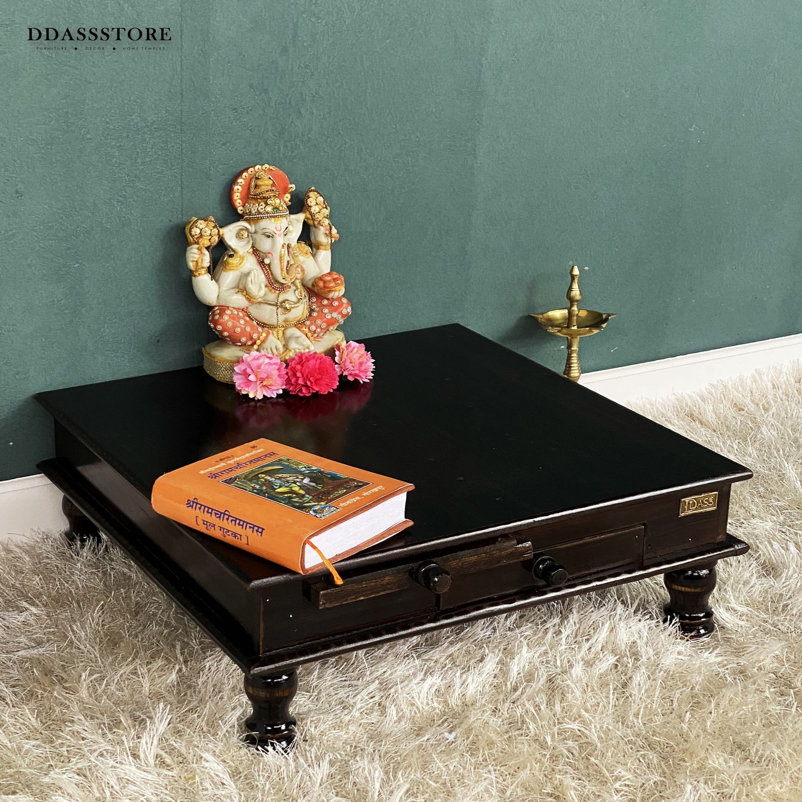 D'Dass Dark Polish Mdf and Sheesham Wooden Pooja Chowki With Drawer - D'DASS