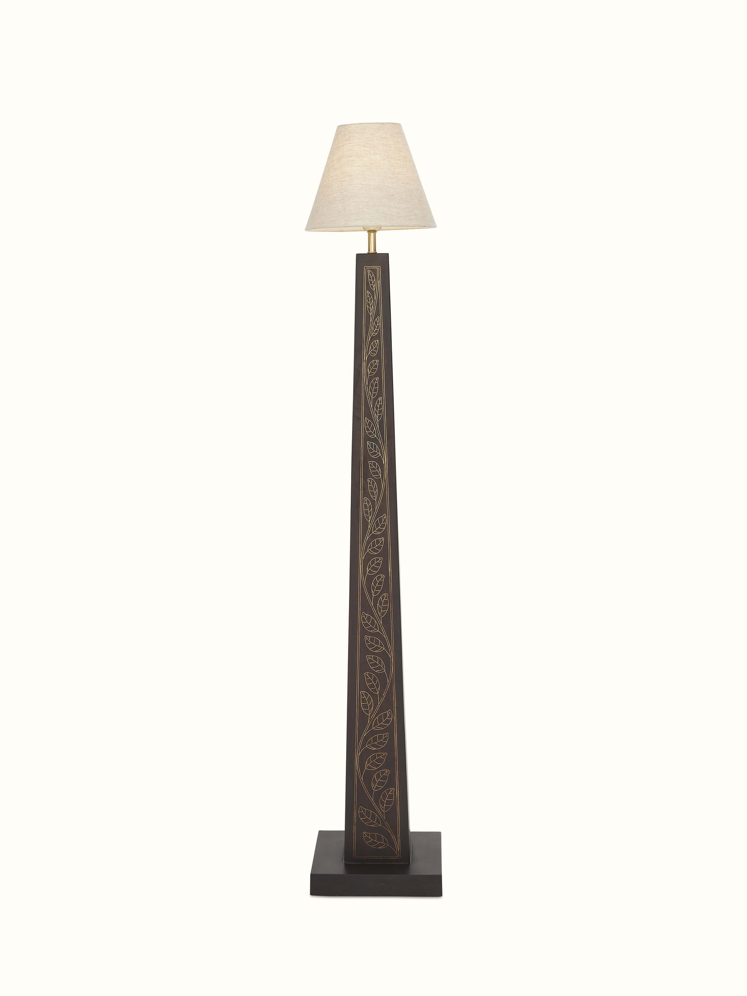Front view of Tarkashi Sheesham Wood & Brass LED Floor Lamp, showcasing its elegant wood and brass design
