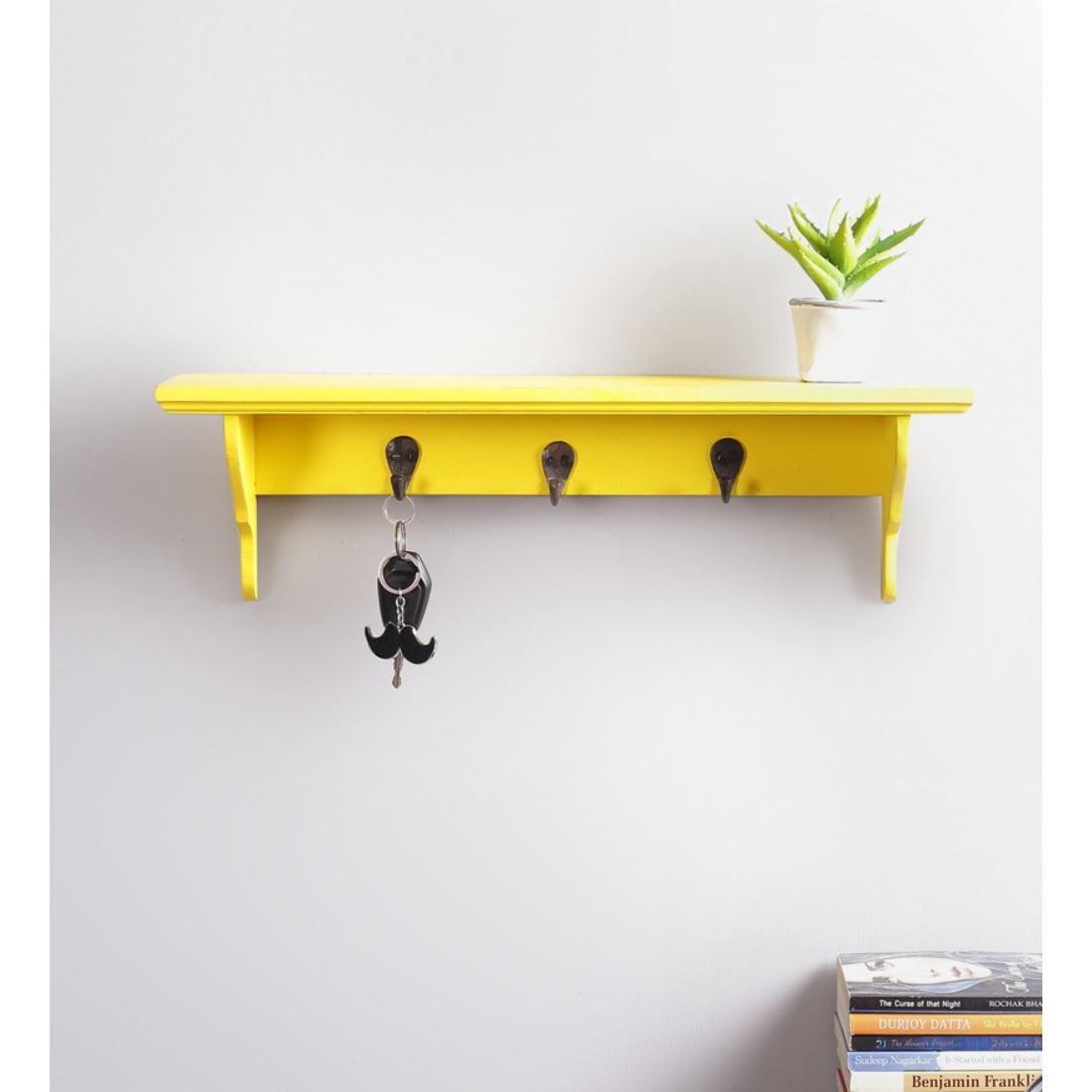 Wooden Wall Shelf with 3 Key Hooks in Yellow Colour-picture-20