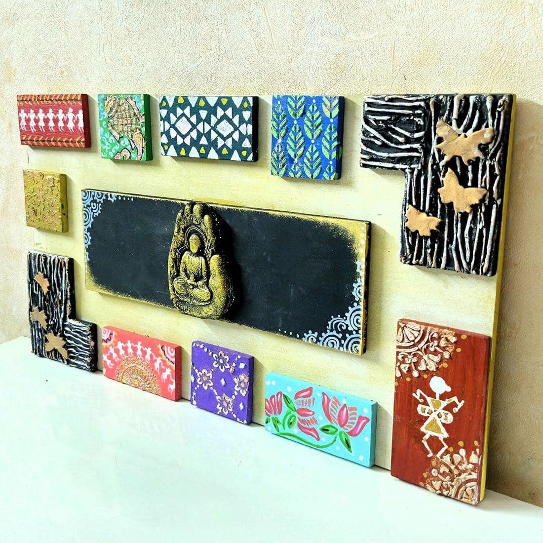 Multi Color Wooden Wall Art Panel with hand made God's idol Cone Art Work of Marble Dust and Clay