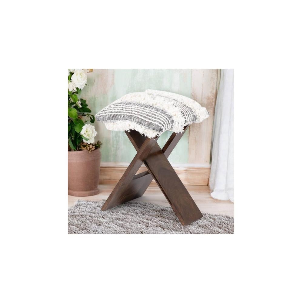 Dayton Sheesham Wood Mid Century Square   Stool in Grey Fabric   Fringes Upholstery