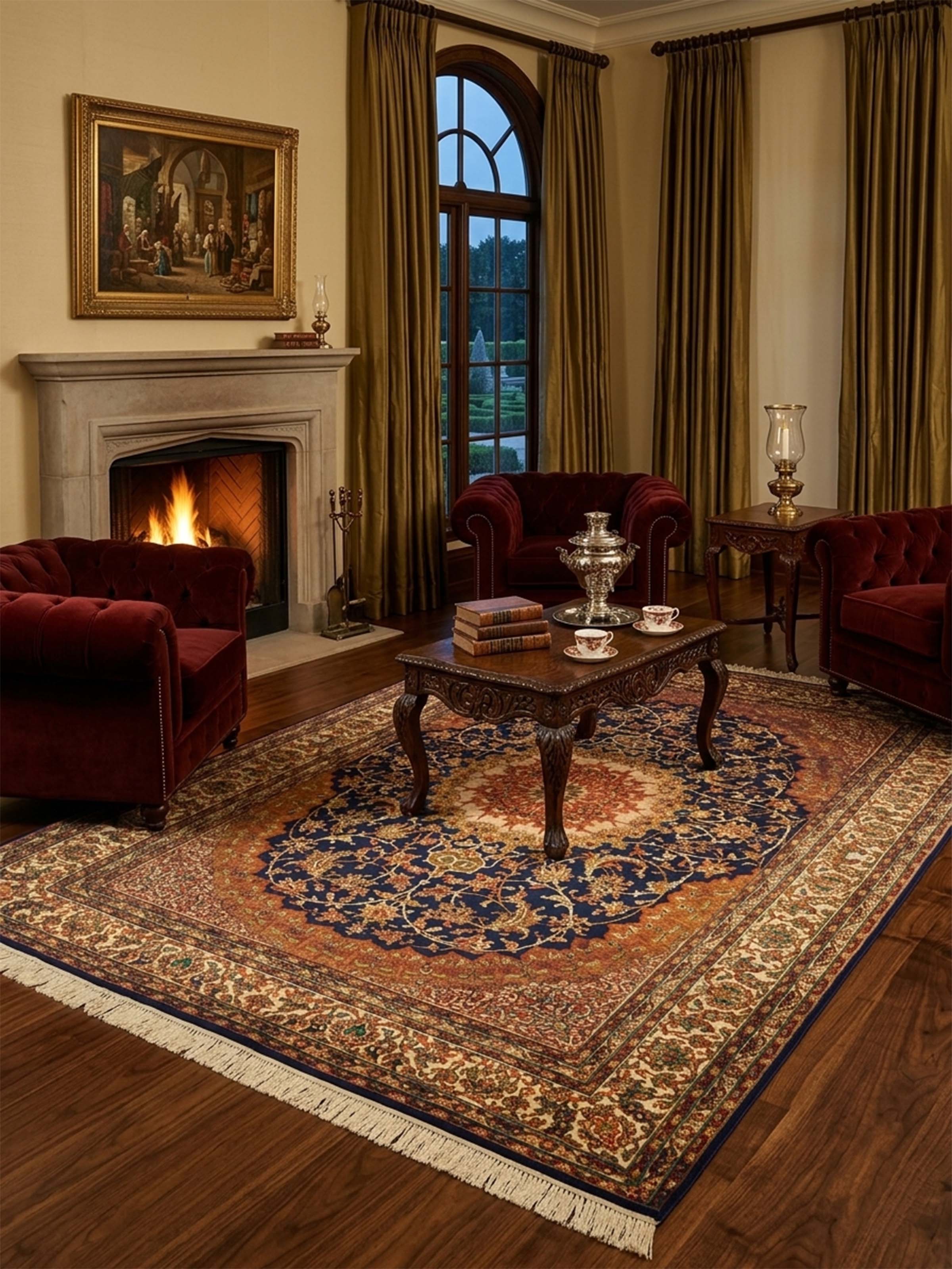 Traditional Persian Navy Rust Isfahan Kashmir Silk Hand-Knotted Carpet