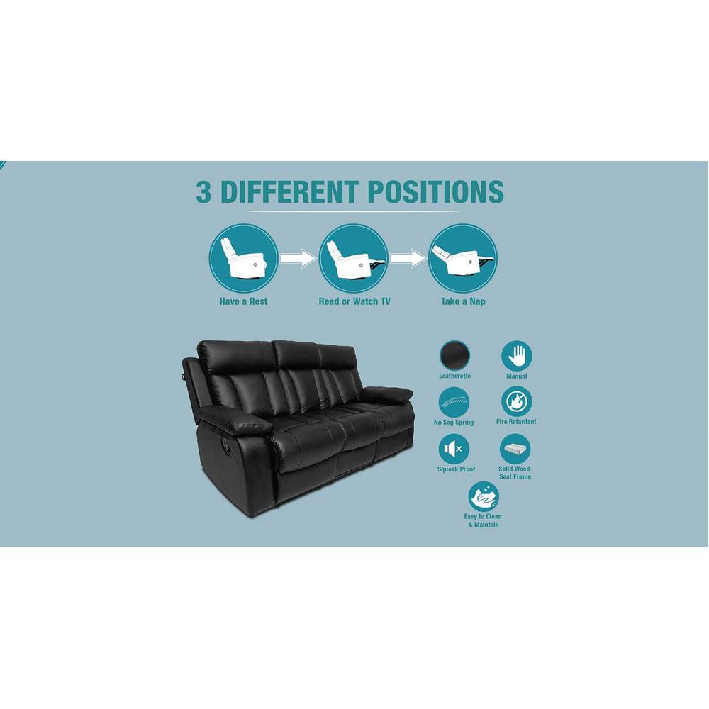Magna Leatherette Three Seater Manual Recliner in Black Colour