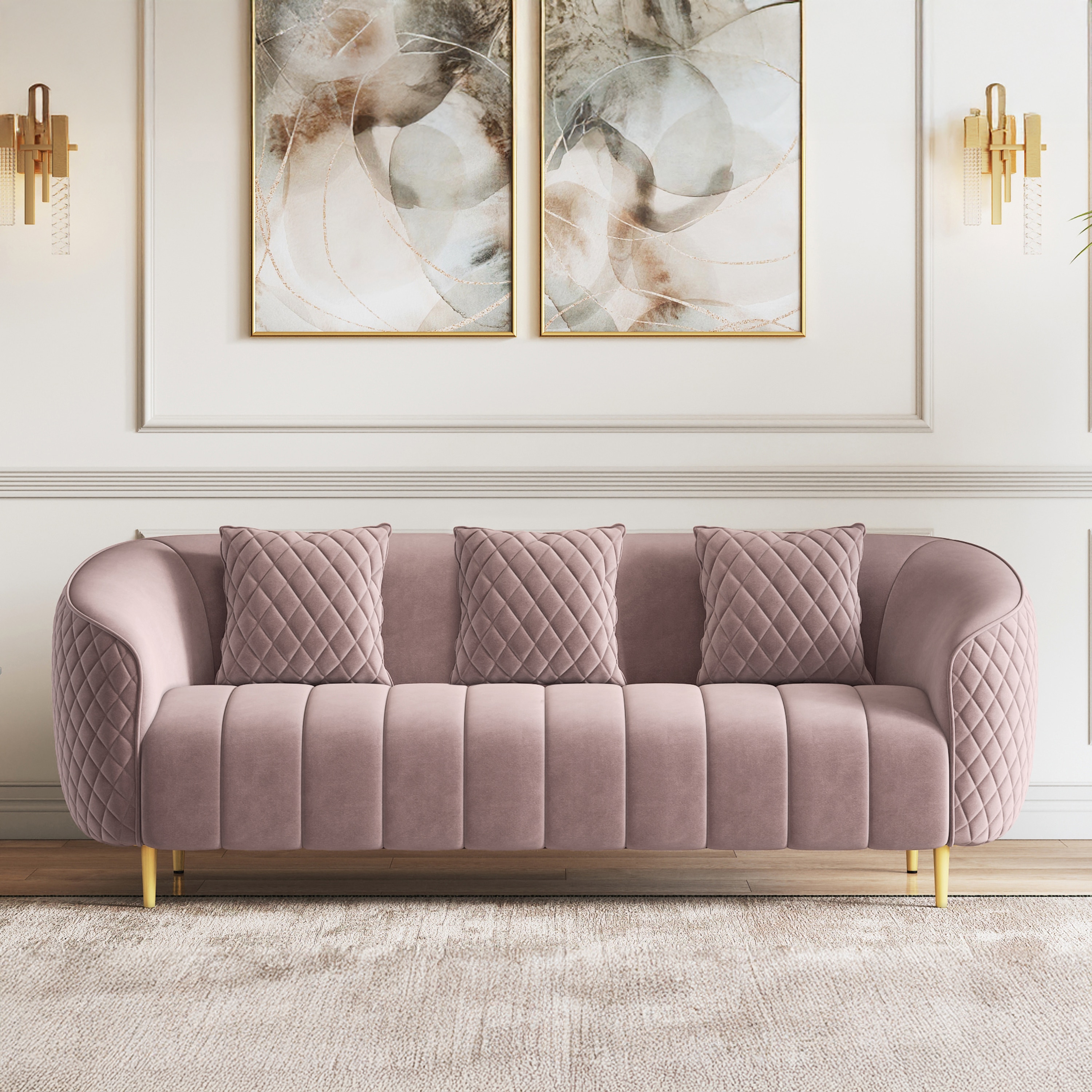 Amora 3 Seater Fabric Sofa in Faded Lilac Pink Velvet