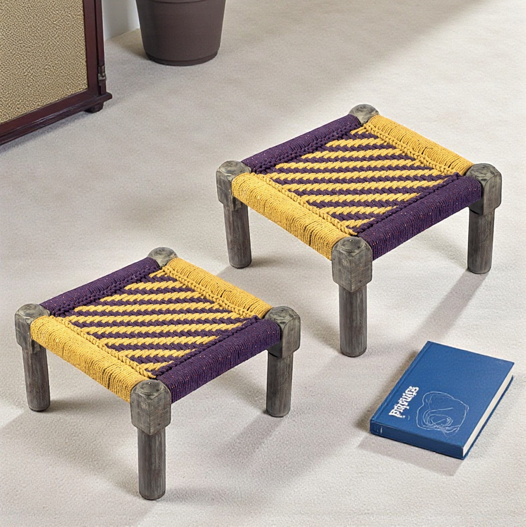 Riaza Sheesham Wood Vintage Set of 2 Foot Stools in Yellow & Purple Rope Canning