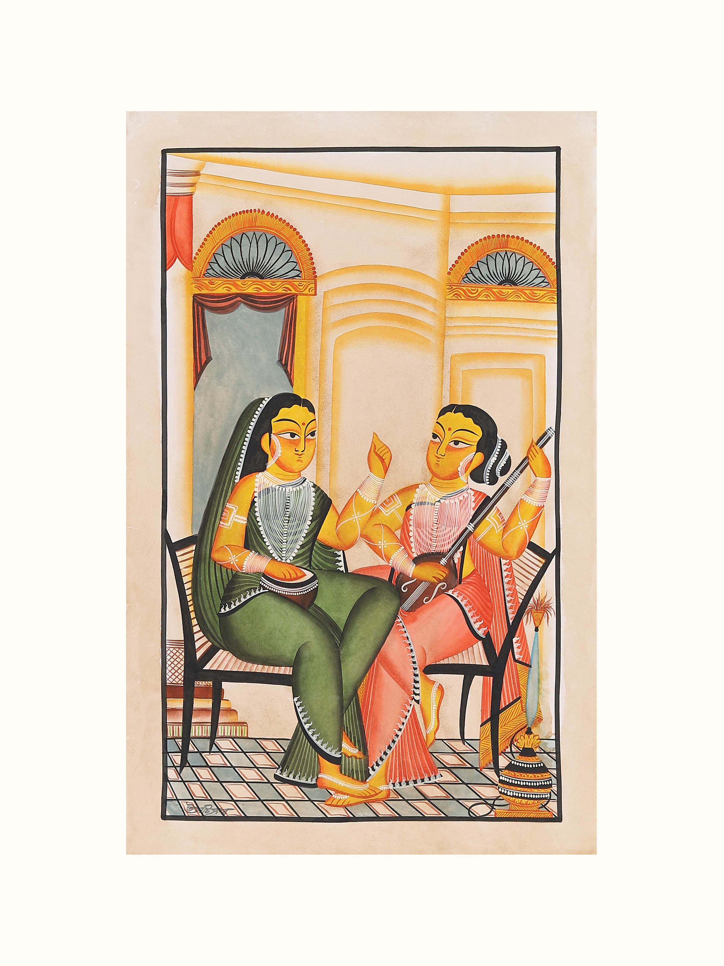 Gossiping women Kalighat painting in traditional Bengali folk art style – front view