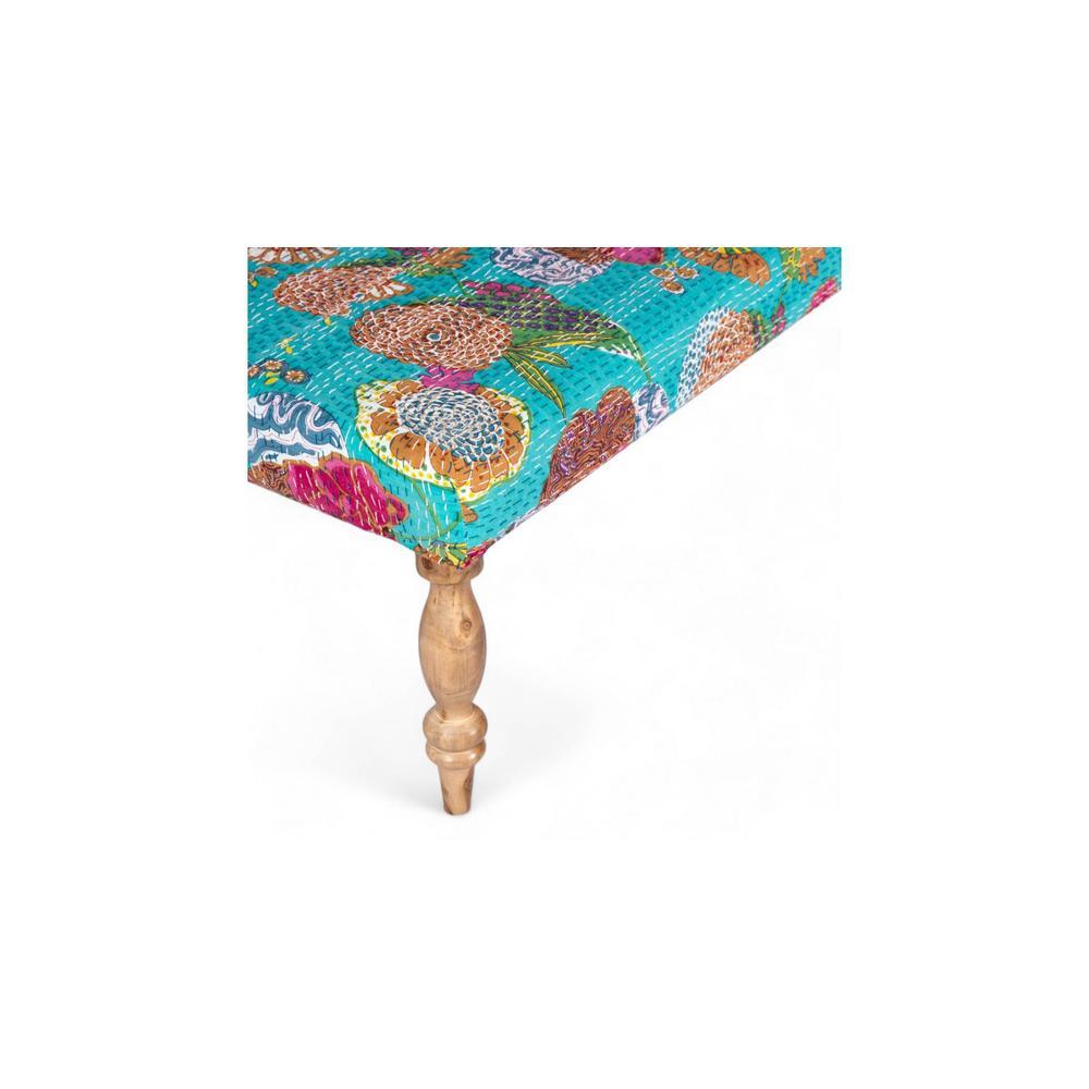 Bestone Solid Wood Bench In Floral Print Green Kantha Fabric