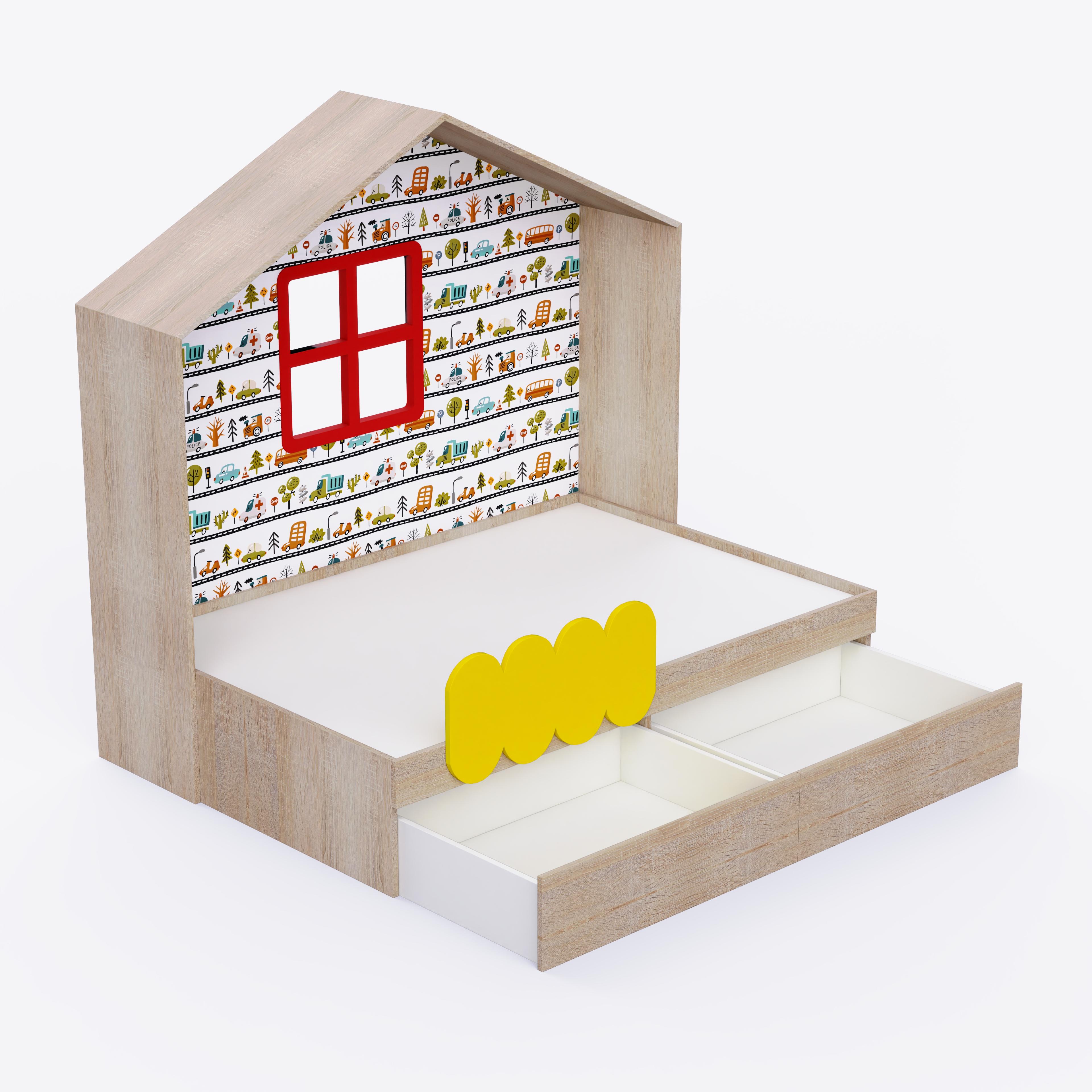 Little Hut Bed  6X3 ( Drawers On Wheels) In Oak & Yellow Colour