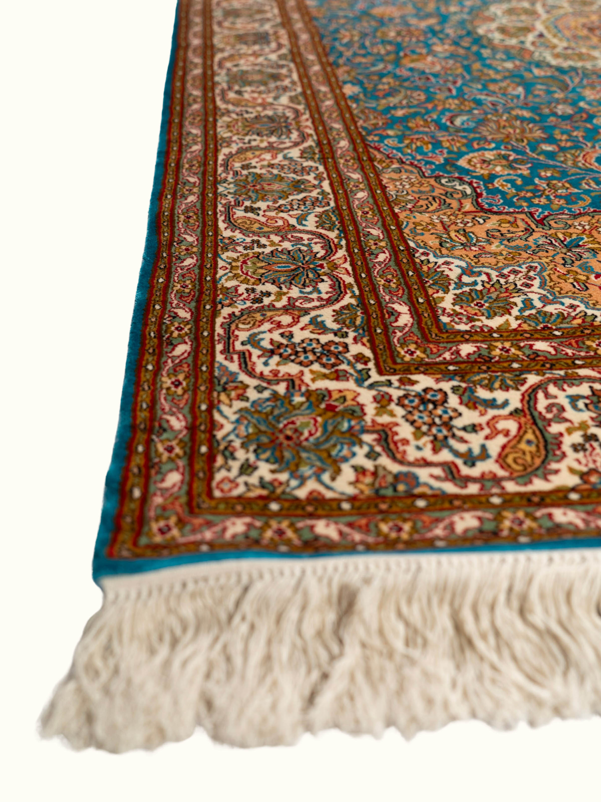Traditional Persian Blue Kashan Kashmir Silk Hand-Knotted Carpet