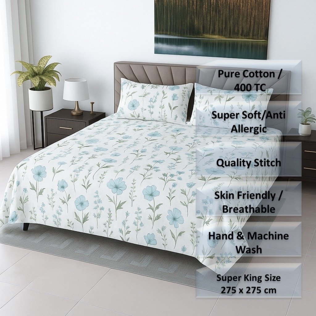 White Floral 400 TC Cotton Flat Super King Size Bedsheet With 2 Pilllow Covers From Threads